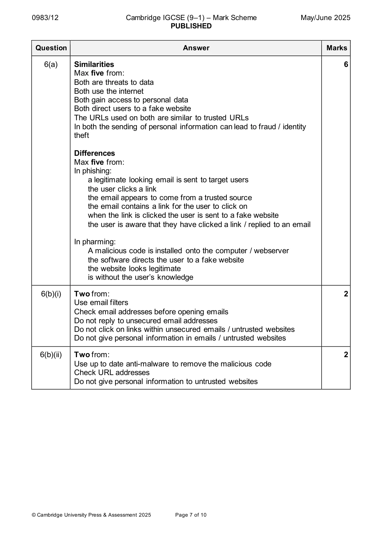Mark scheme, page 7 of 10
