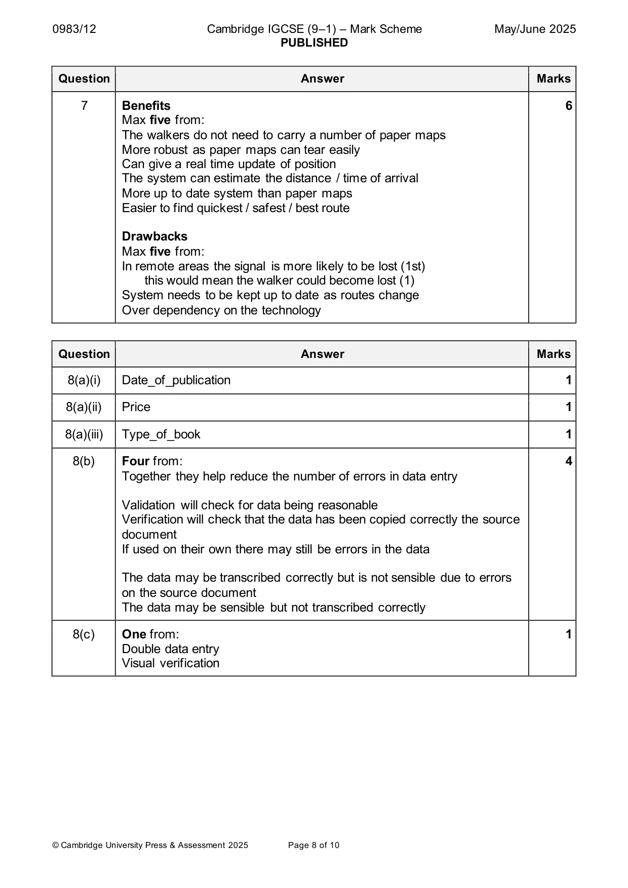 Mark scheme, page 8 of 10