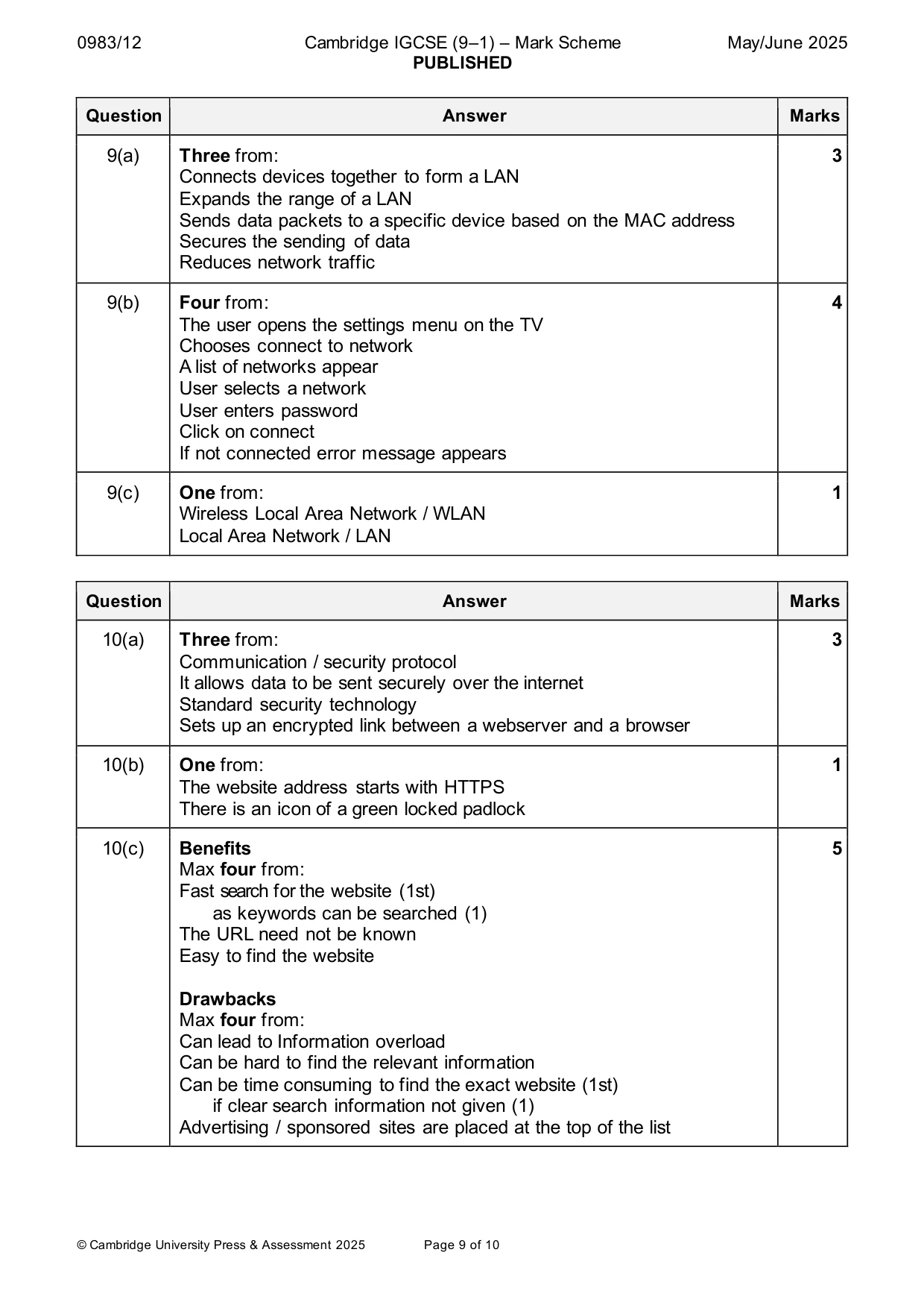 Mark scheme, page 9 of 10