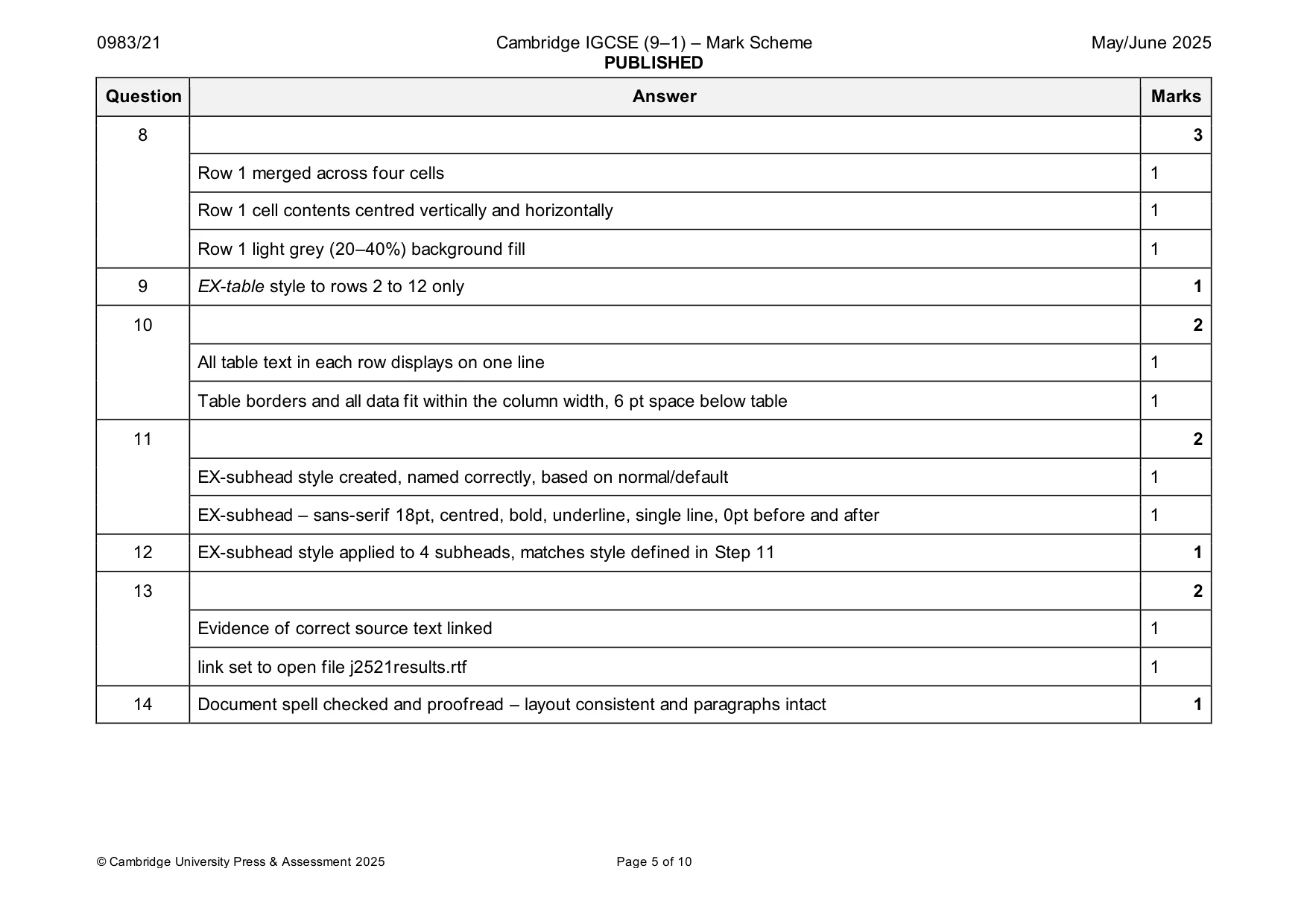 Mark scheme, page 5 of 10