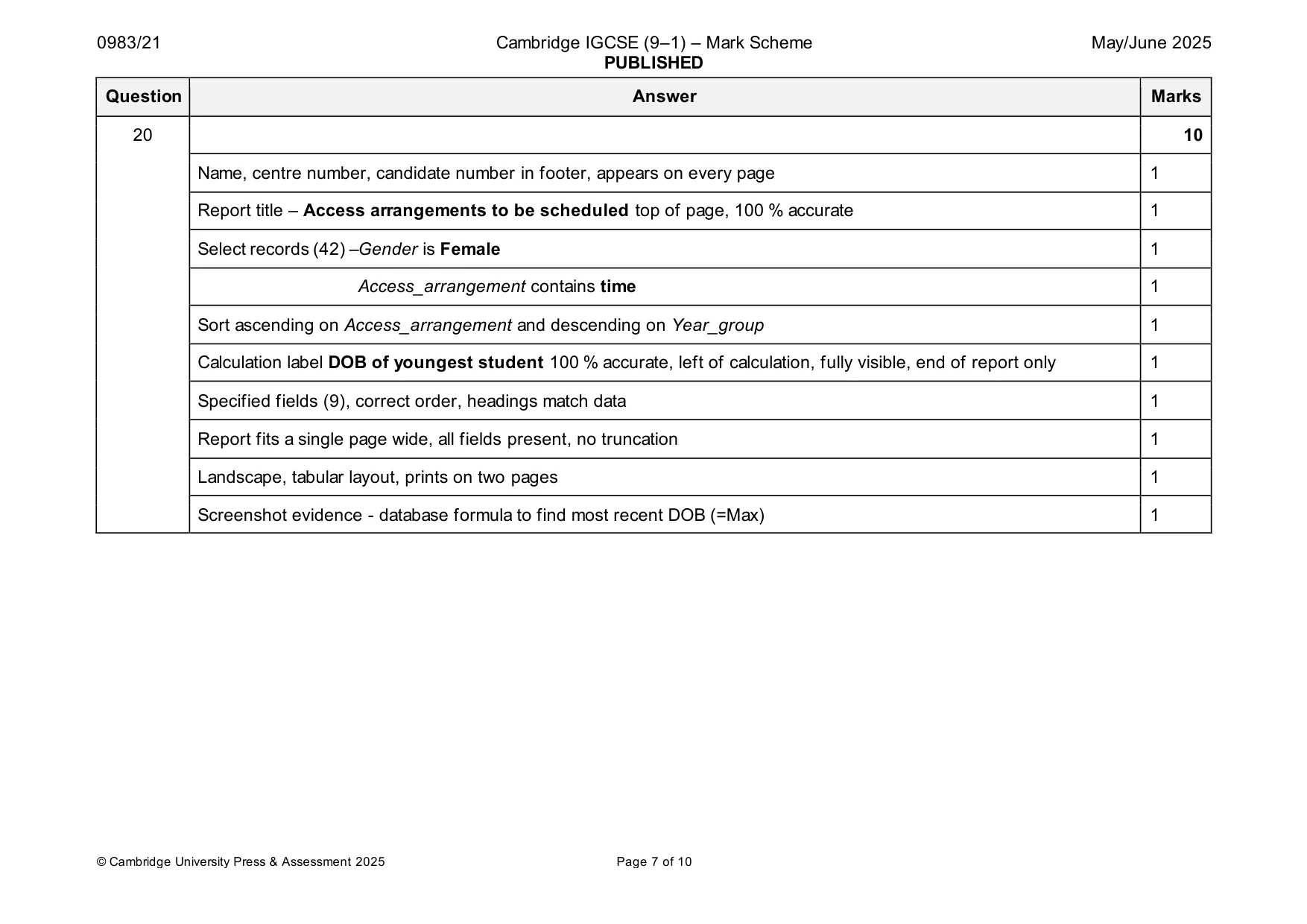 Mark scheme, page 7 of 10