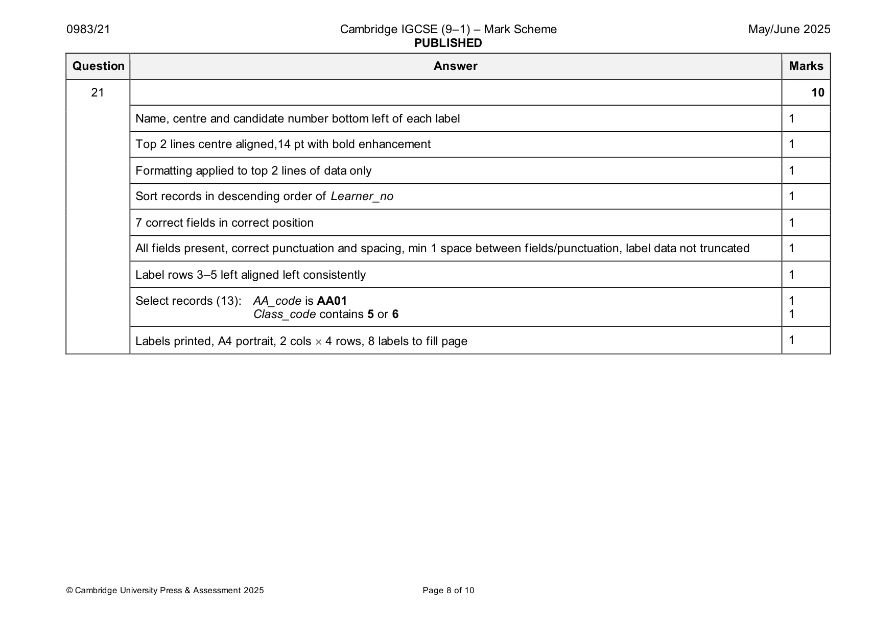 Mark scheme, page 8 of 10