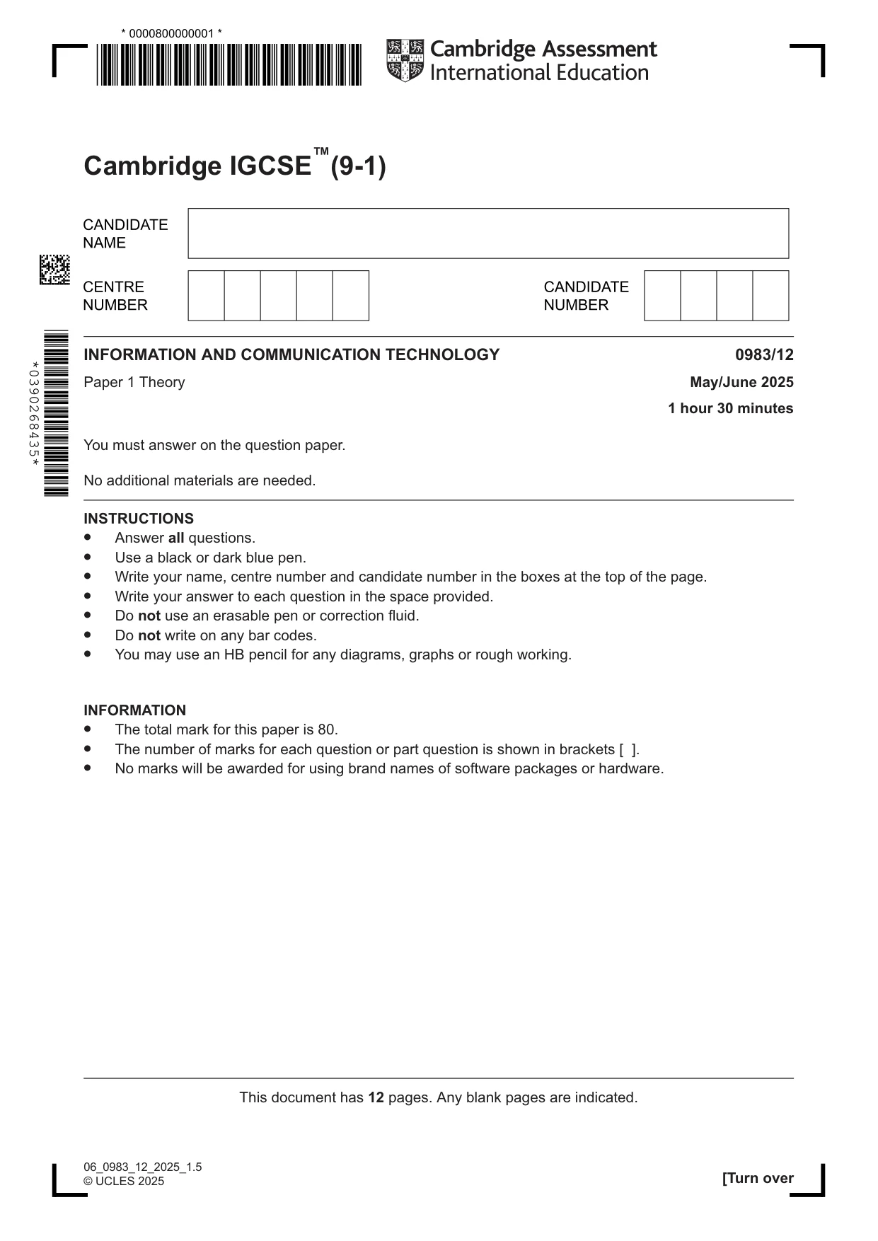 Cambridge IGCSE Information and Communication Technology (9-1) 0983 2025 May/June Paper 1 · Variant 2 question paper, page 1 of 12