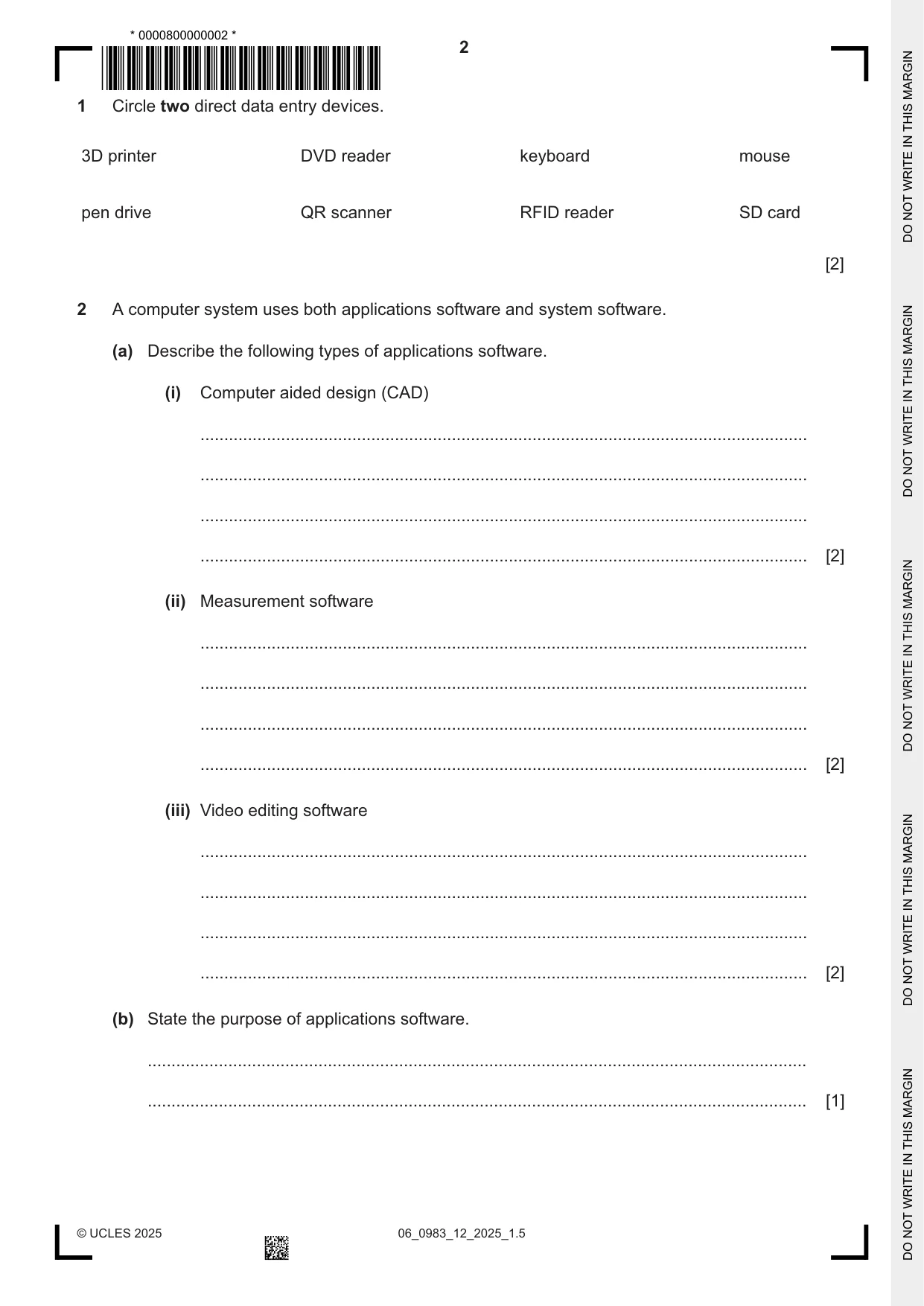 Cambridge IGCSE Information and Communication Technology (9-1) 0983 2025 May/June Paper 1 · Variant 2 question paper, page 2 of 12