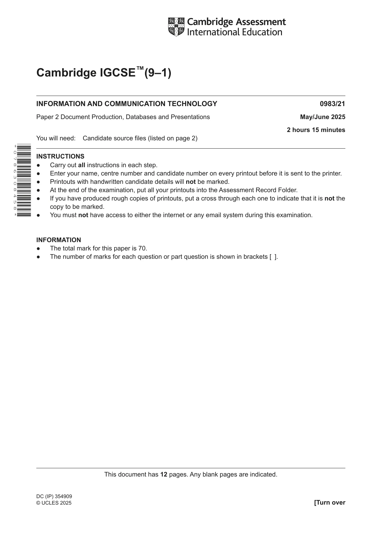 Cambridge IGCSE Information and Communication Technology (9-1) 0983 2025 May/June Paper 2 · Variant 1 question paper, page 1 of 12