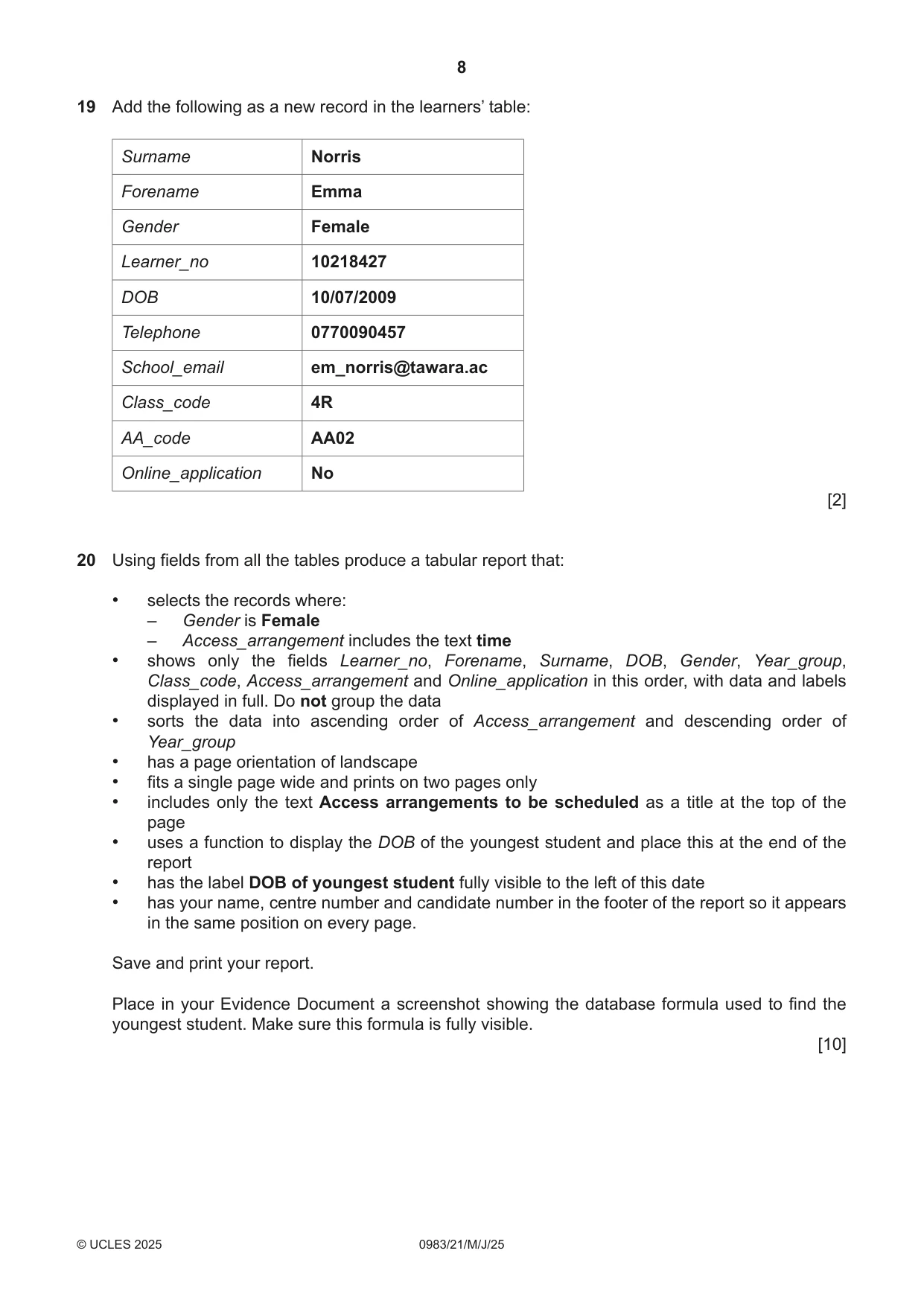 Cambridge IGCSE Information and Communication Technology (9-1) 0983 2025 May/June Paper 2 · Variant 1 question paper, page 8 of 12