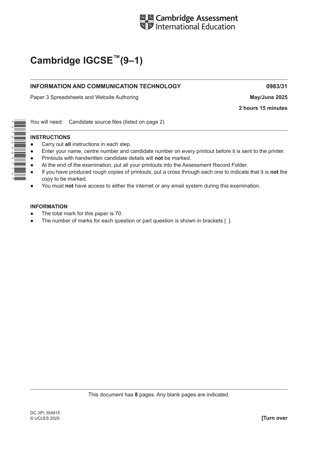 Cambridge IGCSE Information and Communication Technology (9-1) 0983 2025 May/June Paper 3 · Variant 1 question paper, page 1 of 8