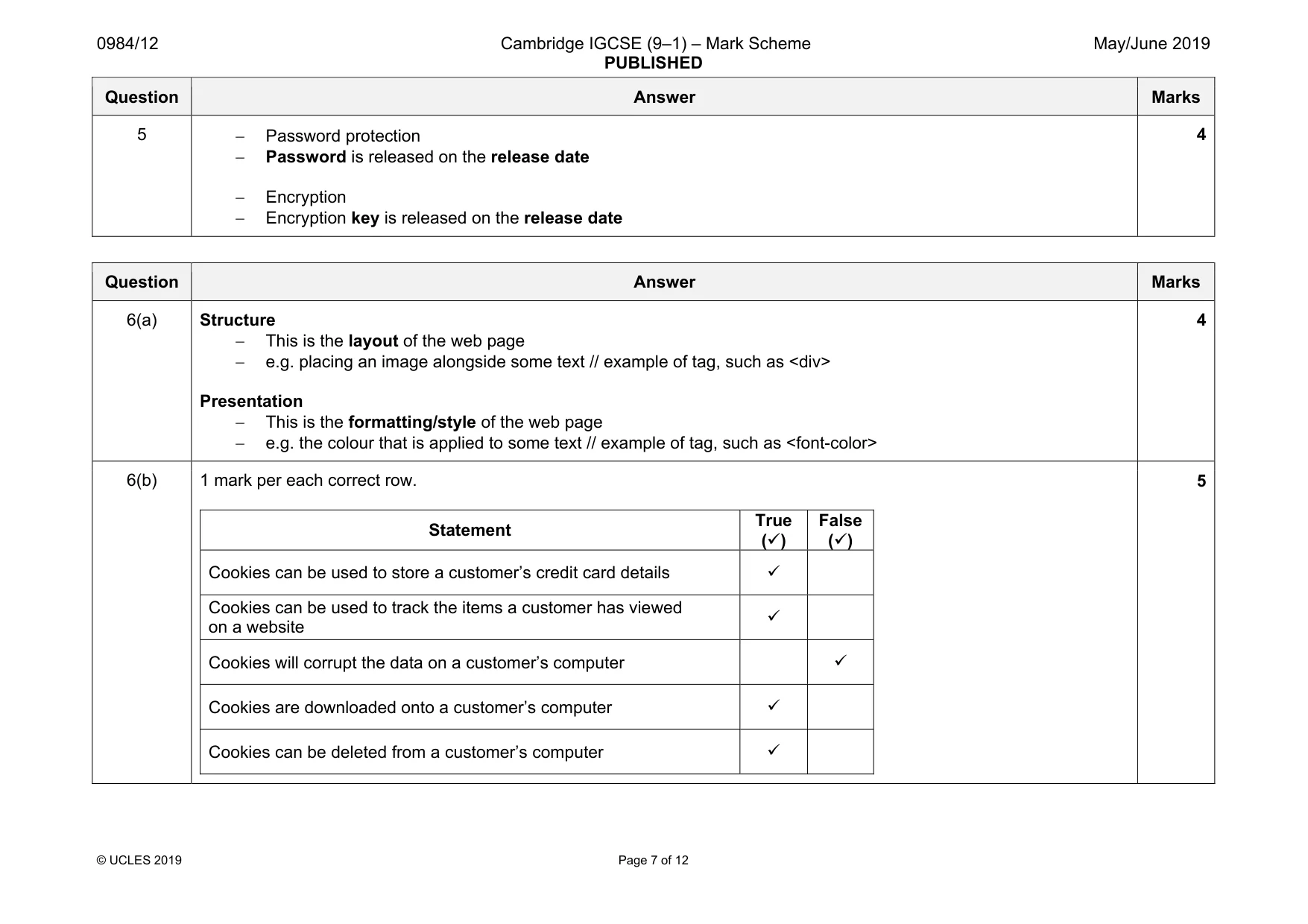 Mark scheme, page 7 of 12