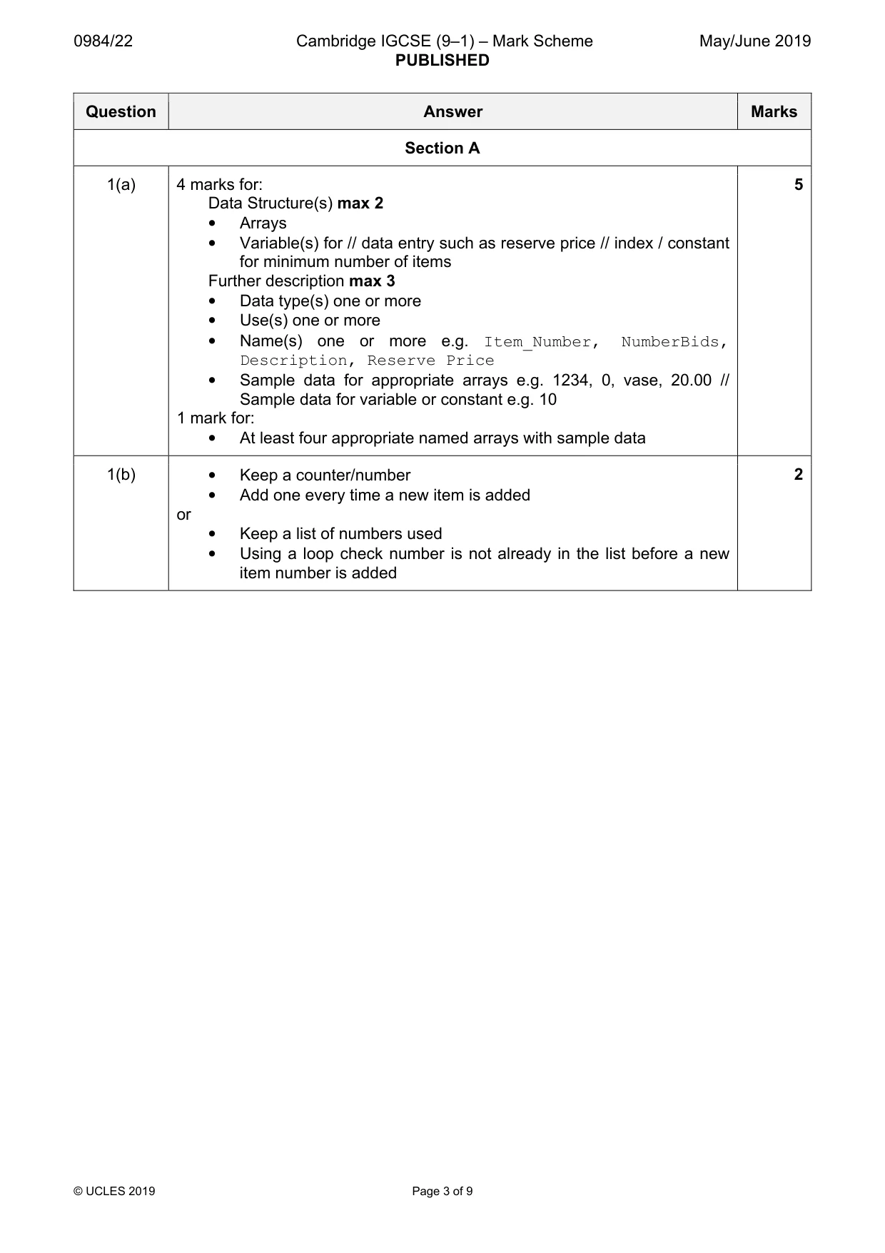 Mark scheme, page 3 of 9