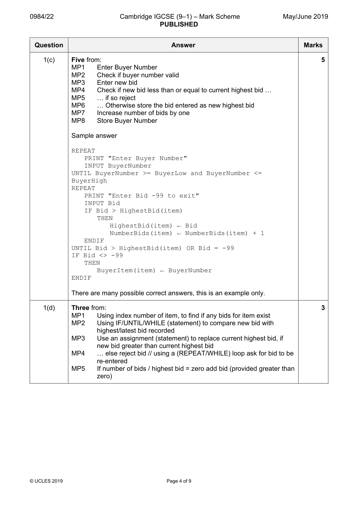 Mark scheme, page 4 of 9