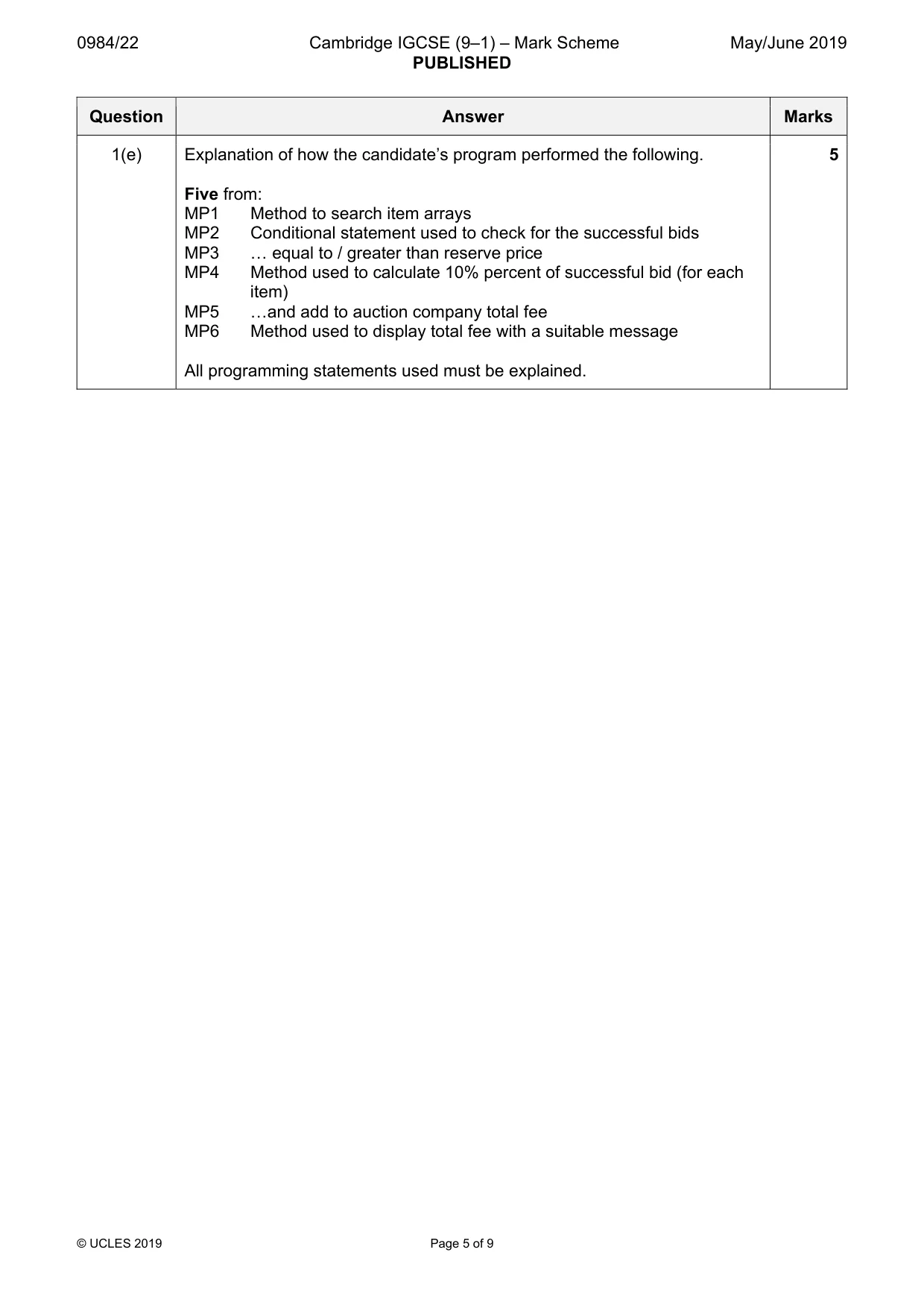 Mark scheme, page 5 of 9