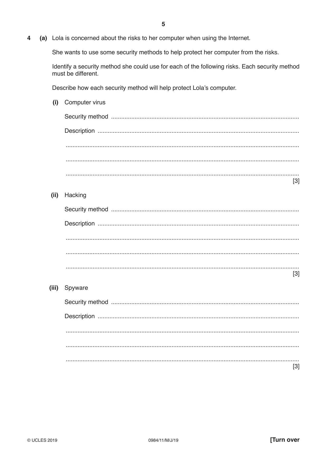 Cambridge IGCSE Computer Science (9-1) 0984 2019 May/June Paper 1 · Variant 1 question paper, page 5 of 12