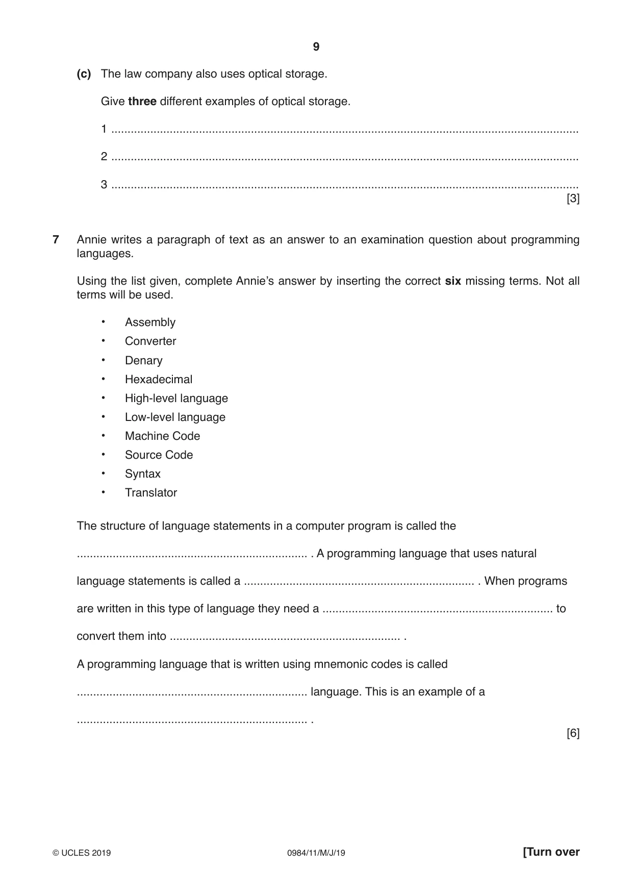 Cambridge IGCSE Computer Science (9-1) 0984 2019 May/June Paper 1 · Variant 1 question paper, page 9 of 12