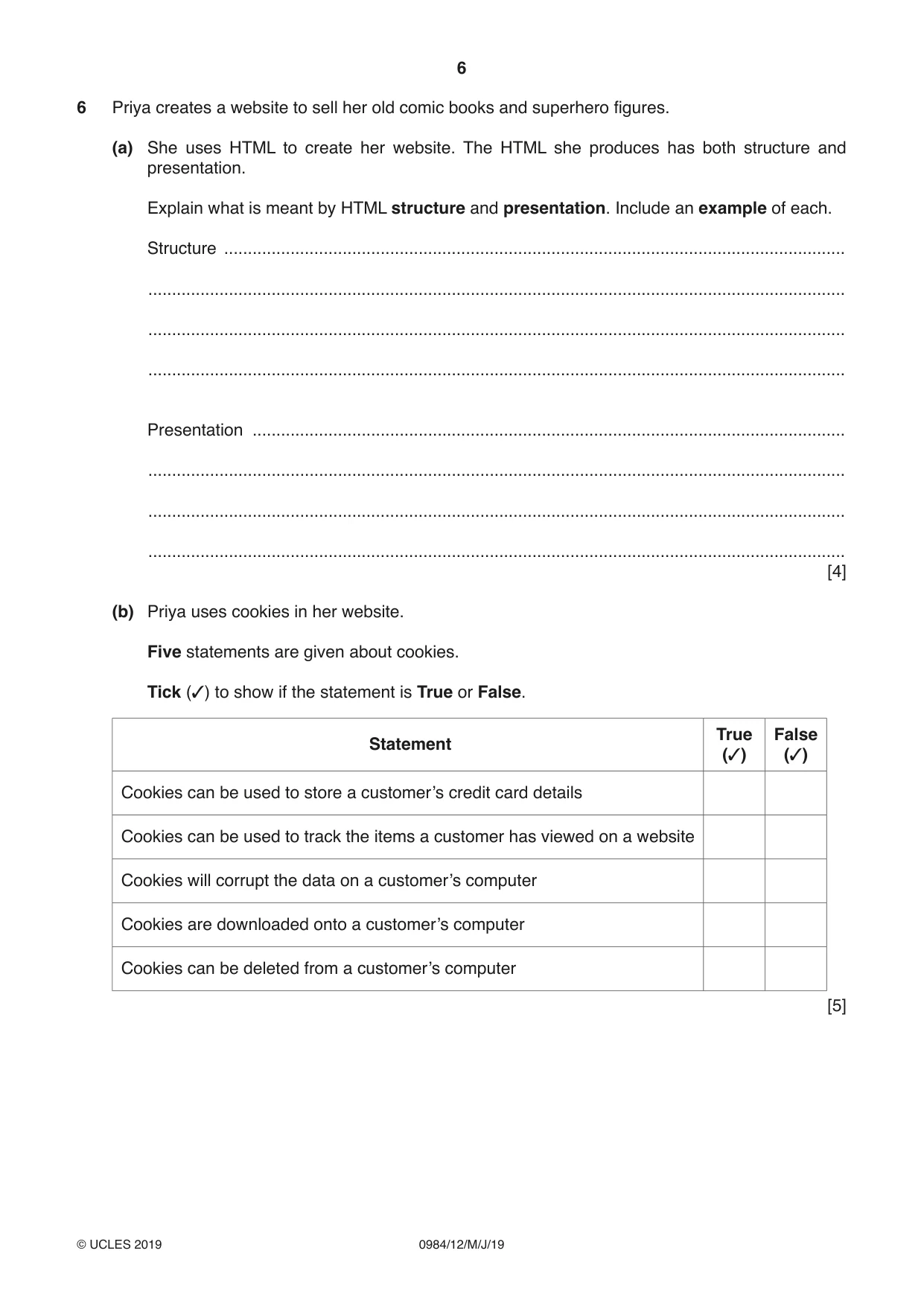Cambridge IGCSE Computer Science (9-1) 0984 2019 May/June Paper 1 · Variant 2 question paper, page 6 of 12