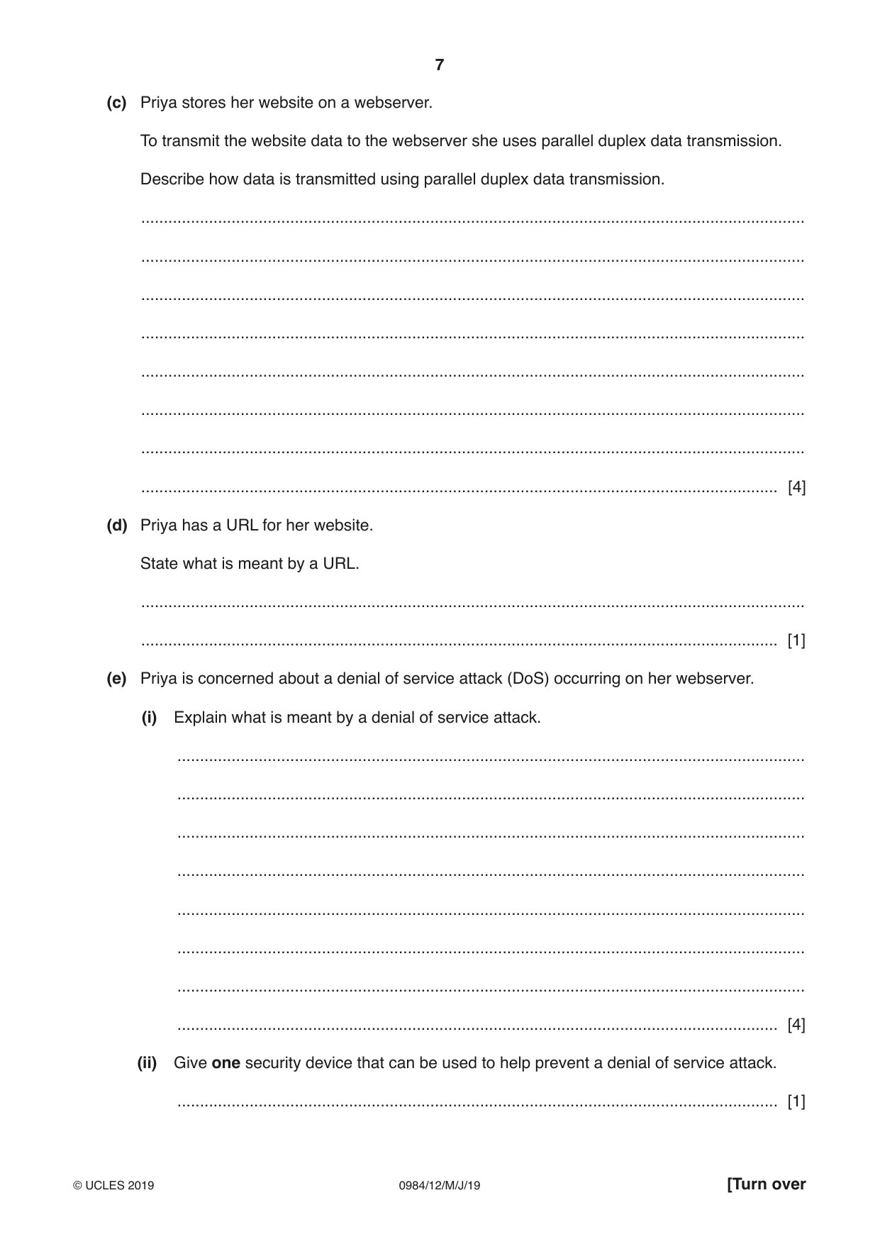 Cambridge IGCSE Computer Science (9-1) 0984 2019 May/June Paper 1 · Variant 2 question paper, page 7 of 12