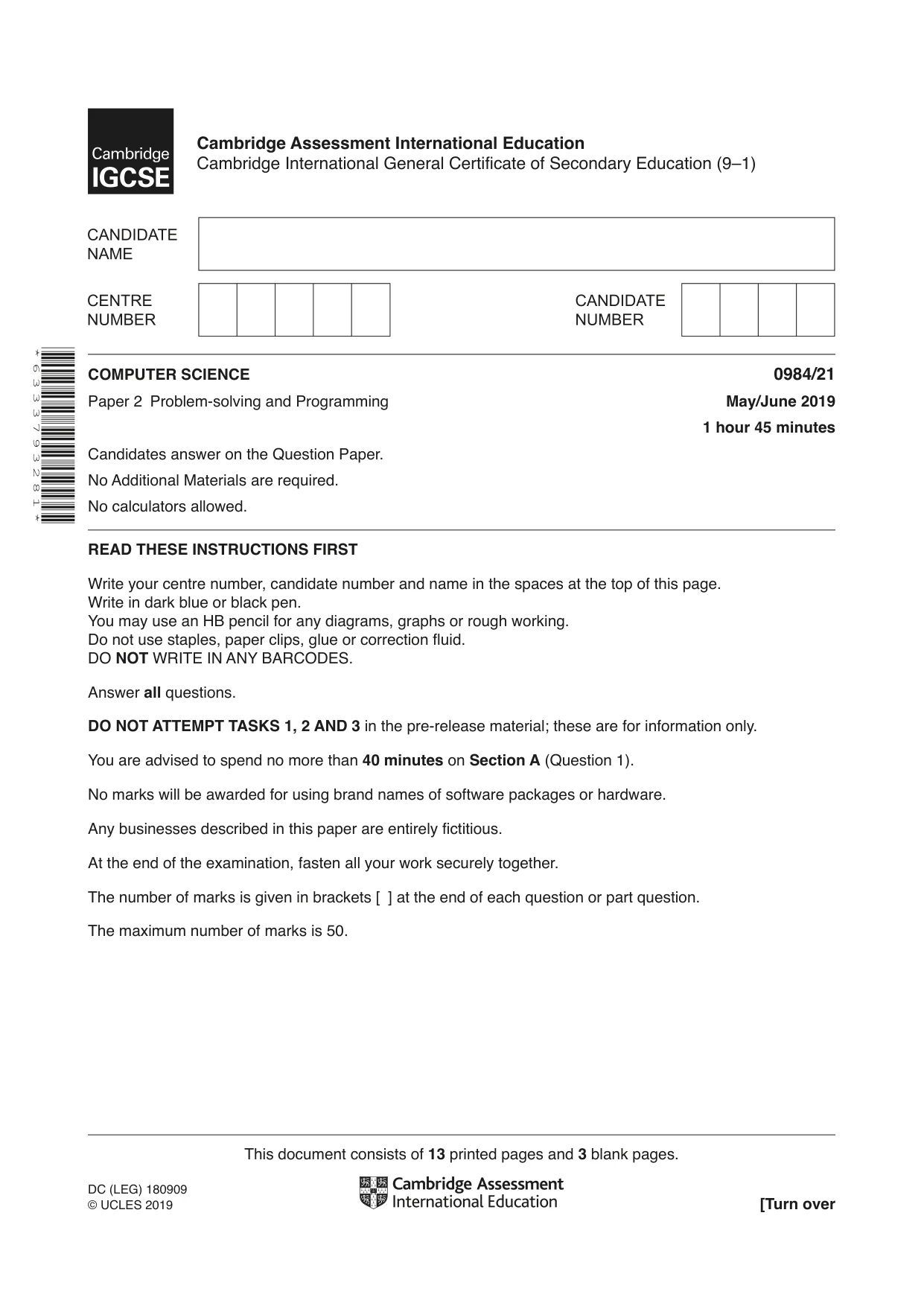Cambridge IGCSE Computer Science (9-1) 0984 2019 May/June Paper 2 · Variant 1 question paper, page 1 of 16