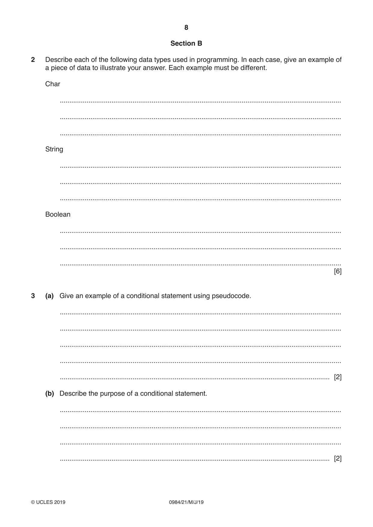 Cambridge IGCSE Computer Science (9-1) 0984 2019 May/June Paper 2 · Variant 1 question paper, page 8 of 16