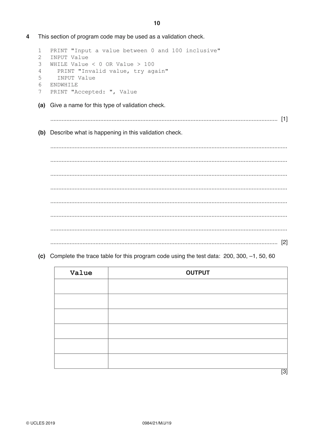 Cambridge IGCSE Computer Science (9-1) 0984 2019 May/June Paper 2 · Variant 1 question paper, page 10 of 16