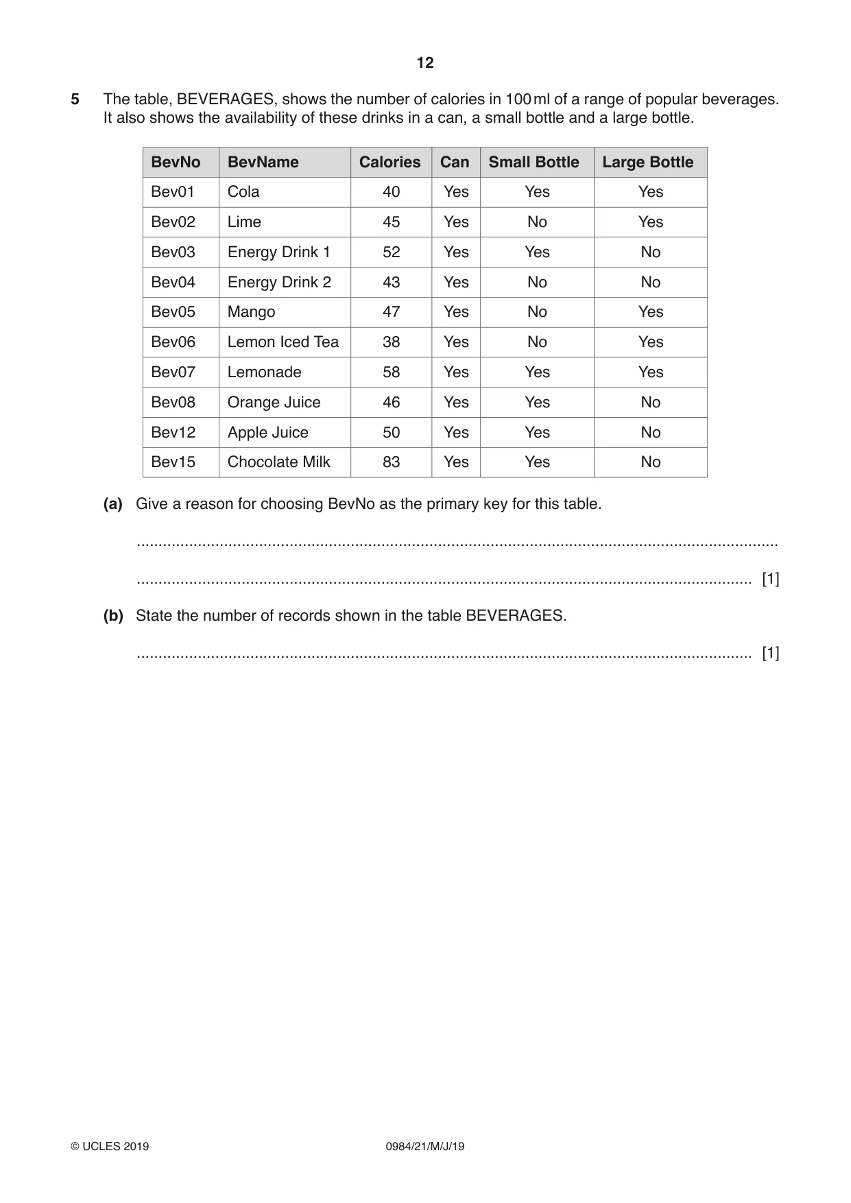Cambridge IGCSE Computer Science (9-1) 0984 2019 May/June Paper 2 · Variant 1 question paper, page 12 of 16