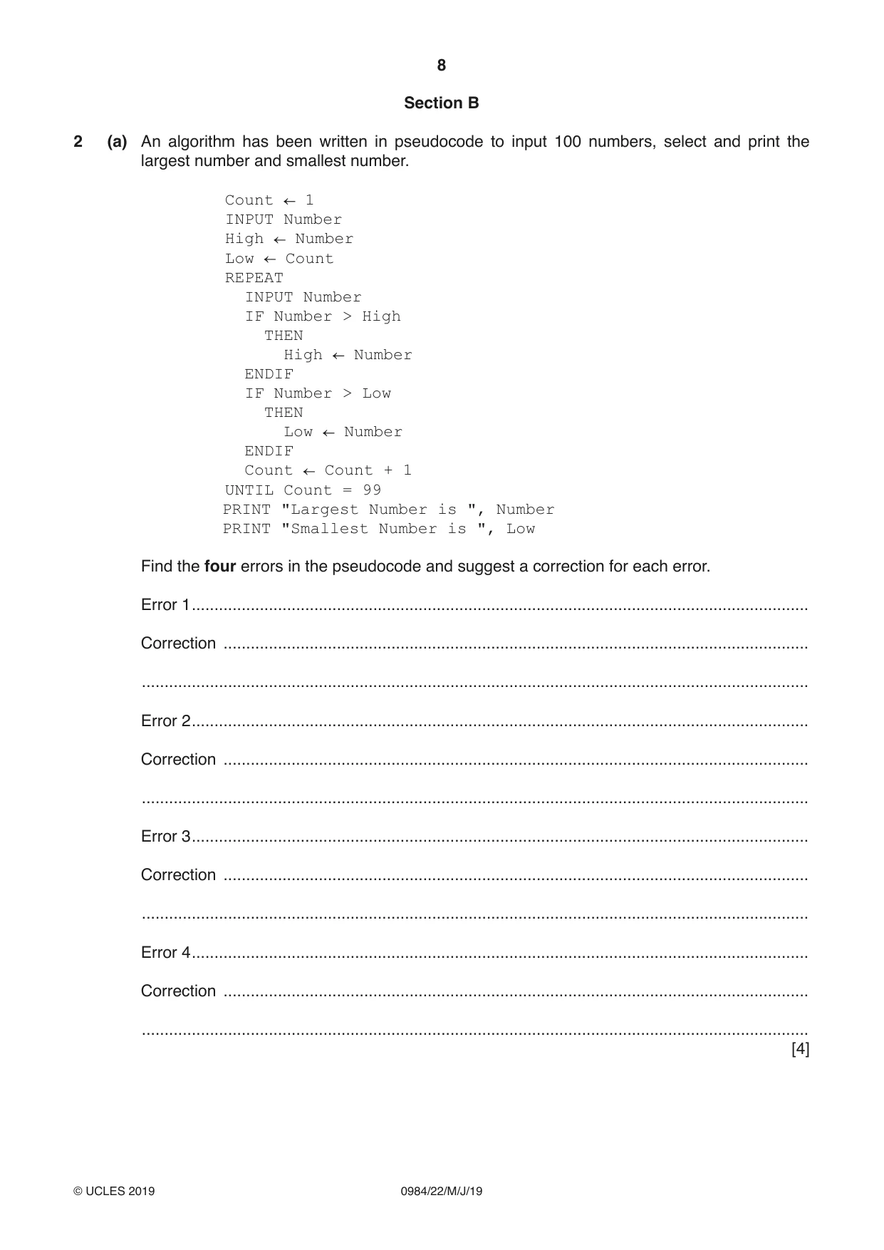 Cambridge IGCSE Computer Science (9-1) 0984 2019 May/June Paper 2 · Variant 2 question paper, page 8 of 16