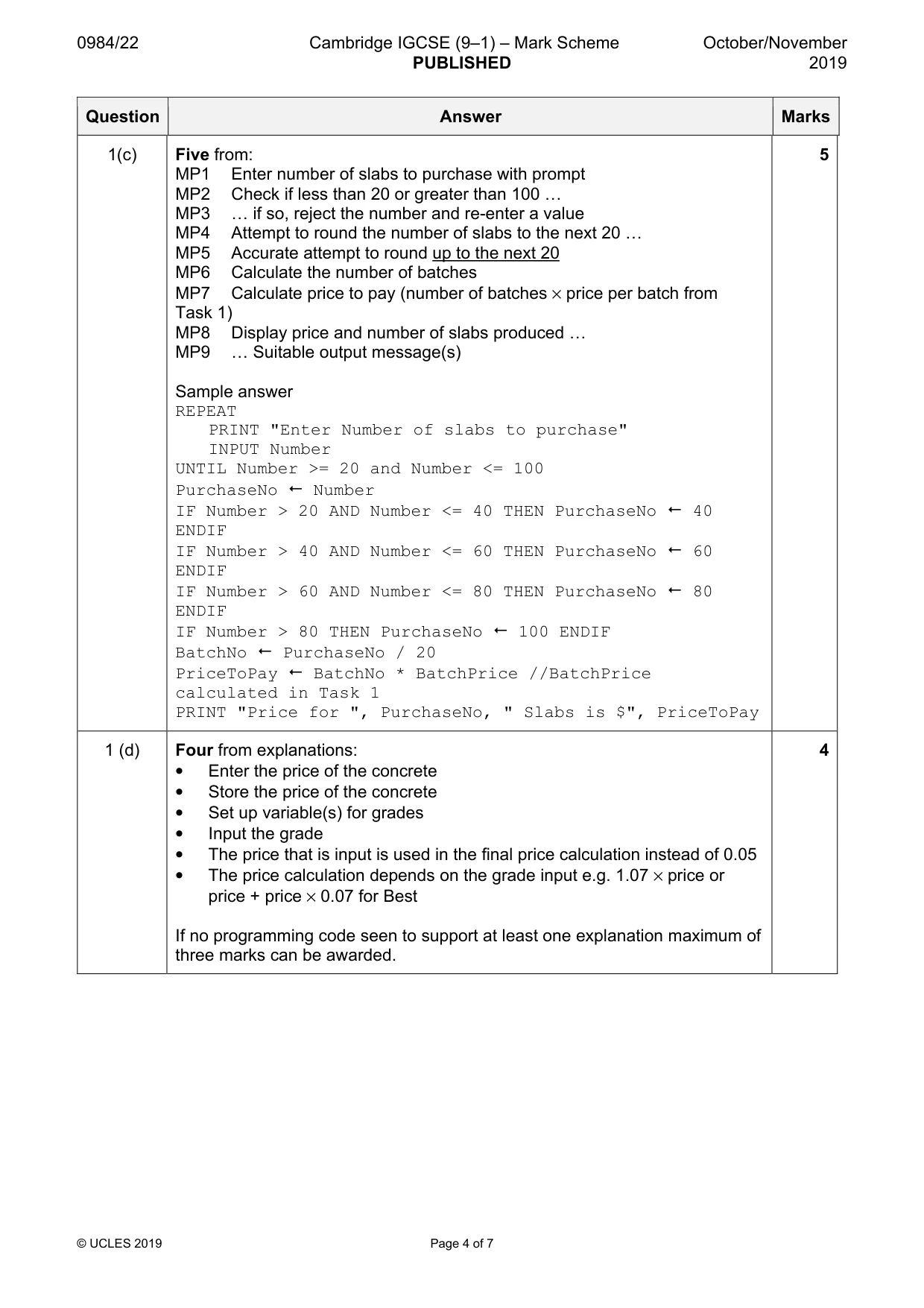 Mark scheme, page 4 of 7
