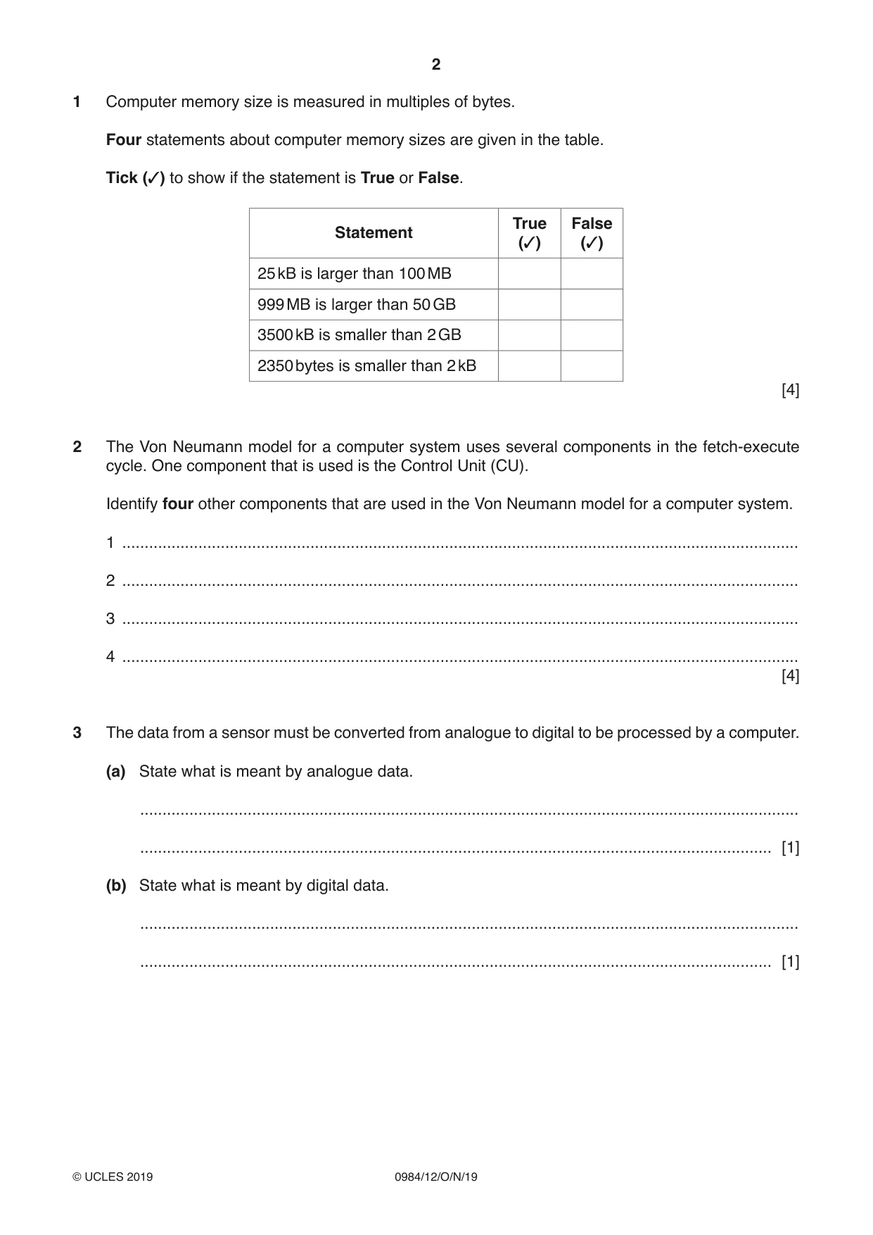 Cambridge IGCSE Computer Science (9-1) 0984 2019 Oct/Nov Paper 1 · Variant 2 question paper, page 2 of 12