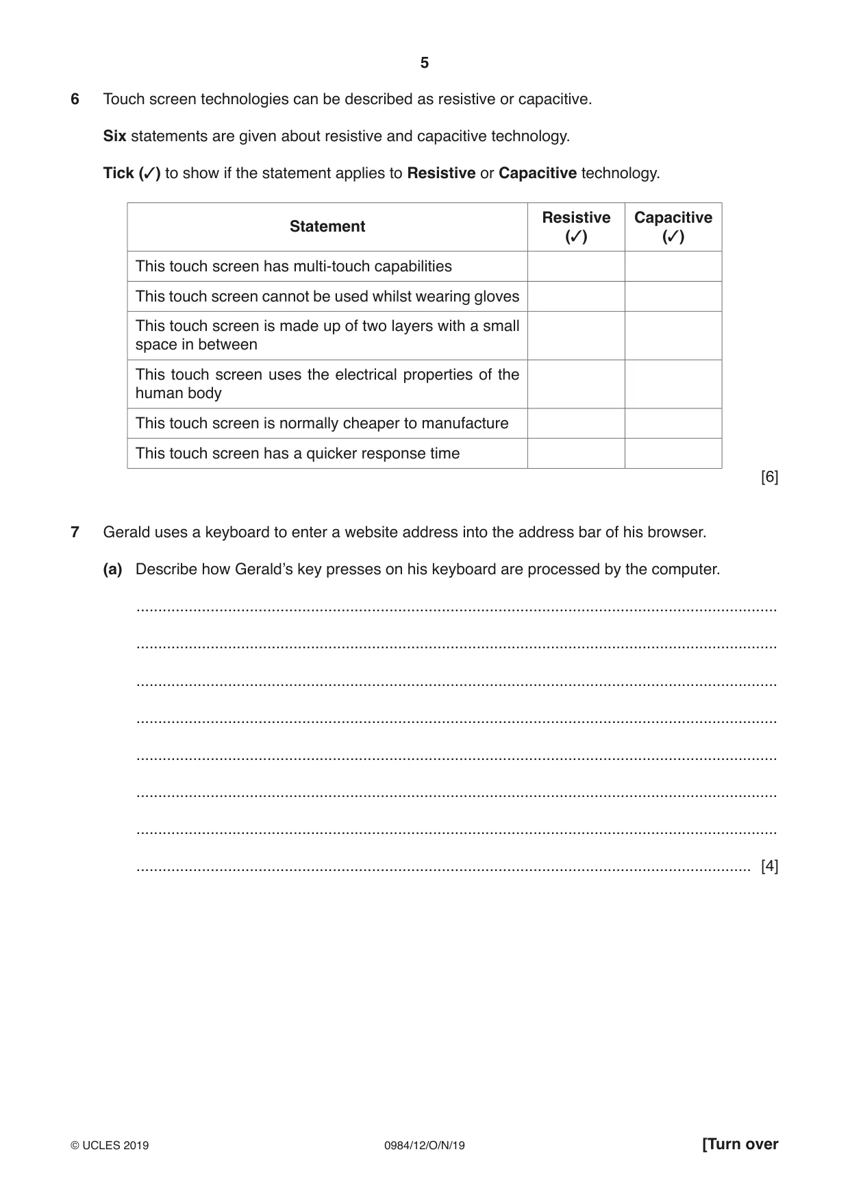 Cambridge IGCSE Computer Science (9-1) 0984 2019 Oct/Nov Paper 1 · Variant 2 question paper, page 5 of 12