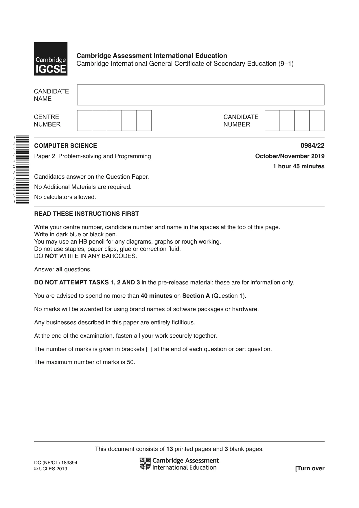 Cambridge IGCSE Computer Science (9-1) 0984 2019 Oct/Nov Paper 2 · Variant 2 question paper, page 1 of 16