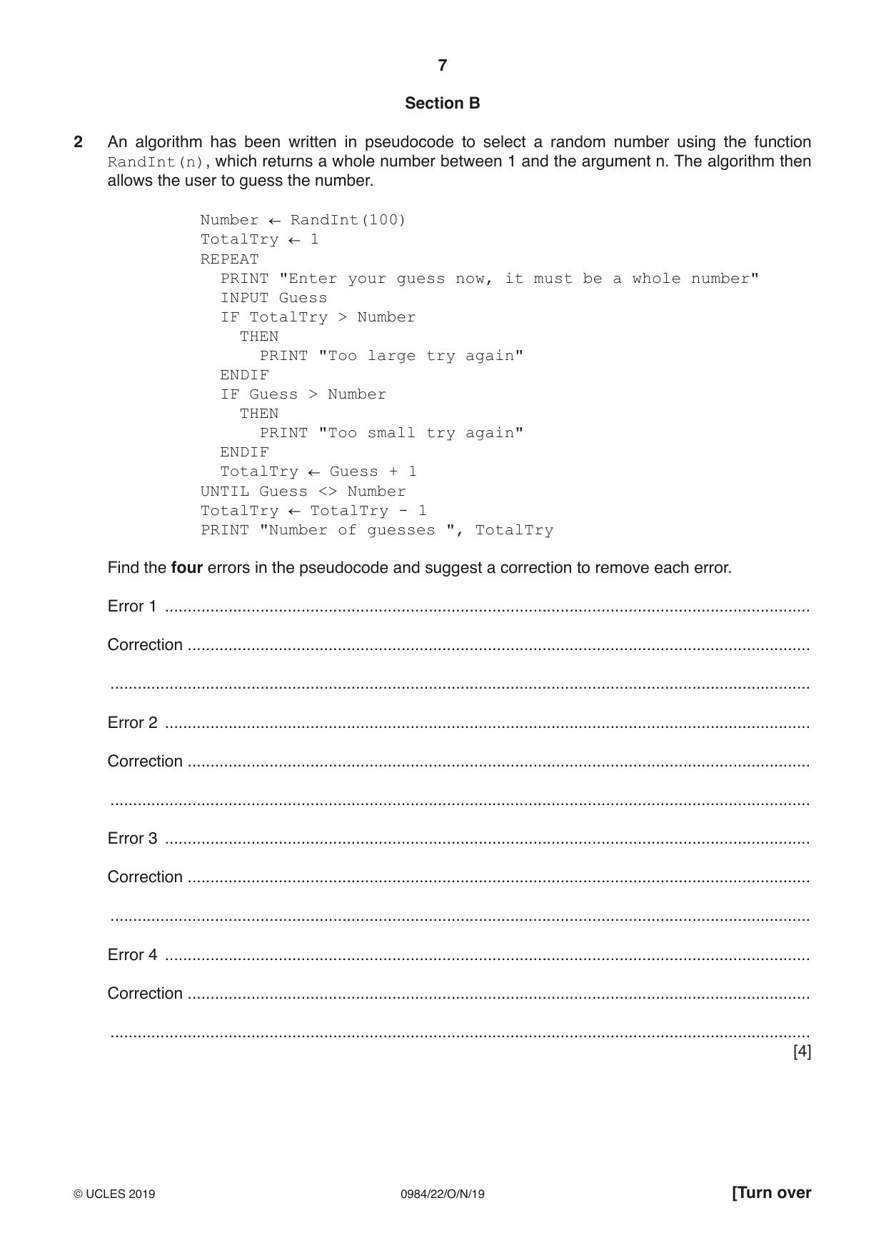 Cambridge IGCSE Computer Science (9-1) 0984 2019 Oct/Nov Paper 2 · Variant 2 question paper, page 7 of 16