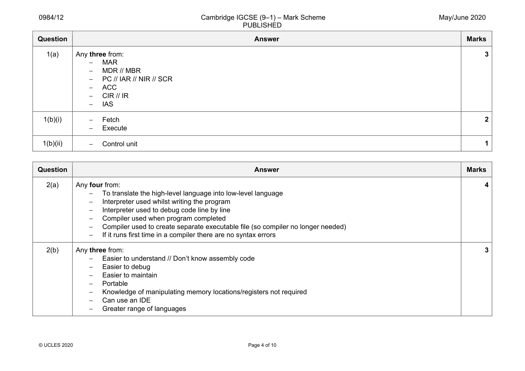 Mark scheme, page 4 of 10