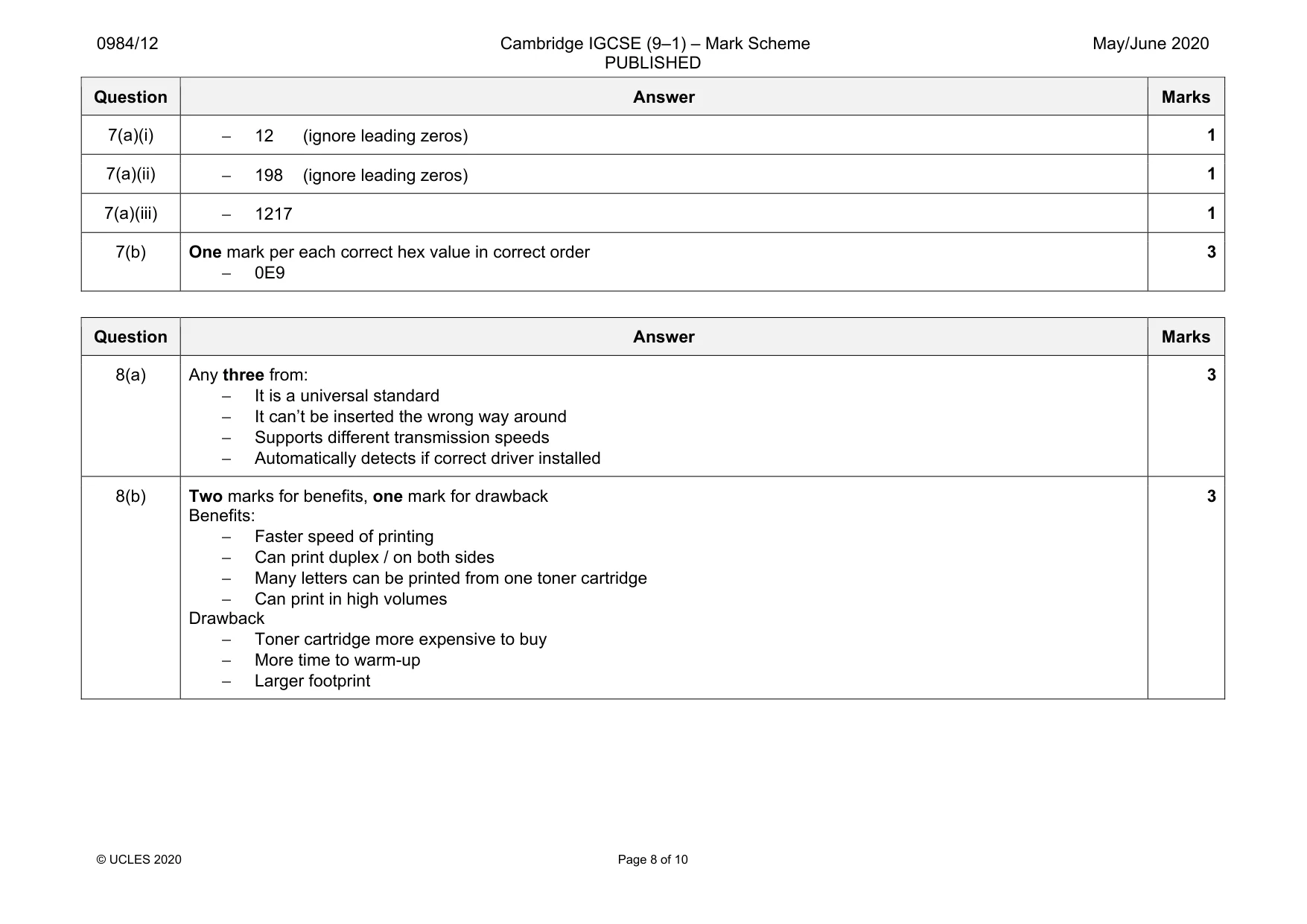 Mark scheme, page 8 of 10