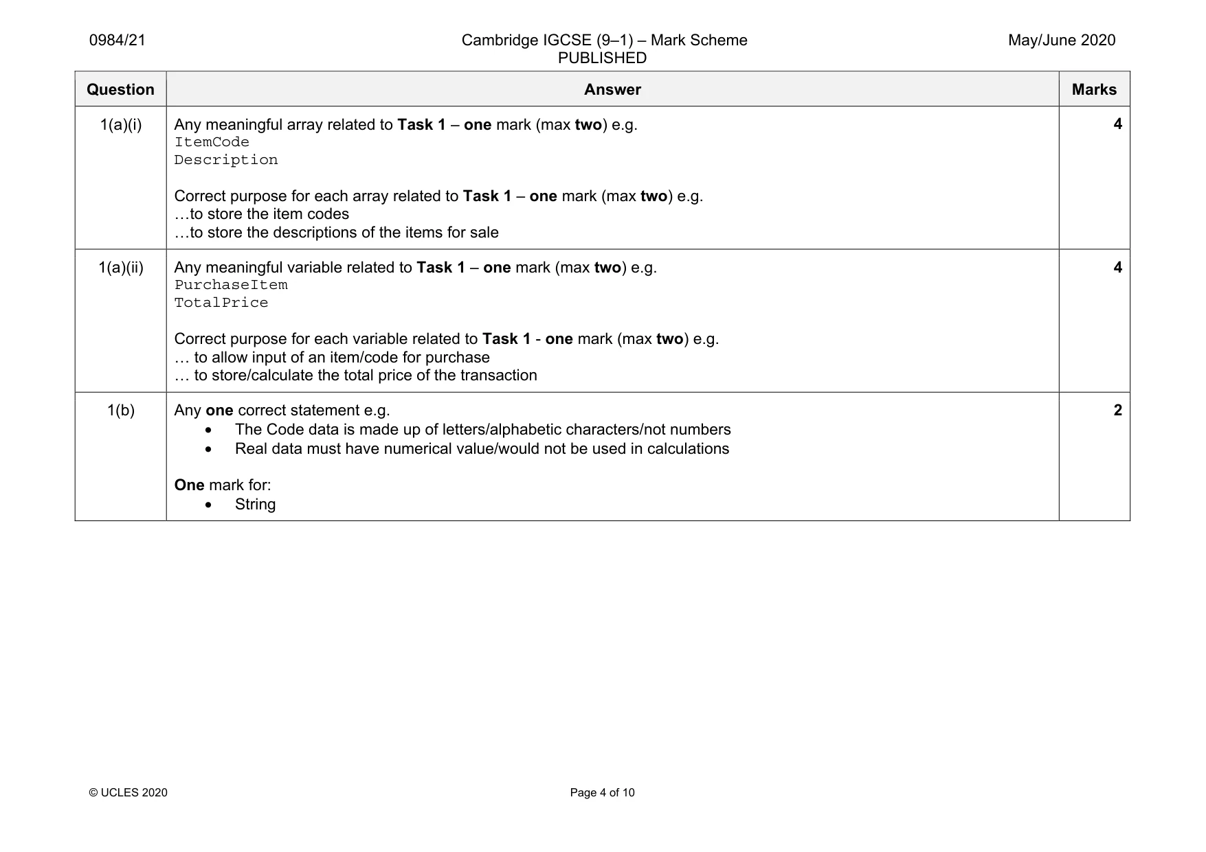 Mark scheme, page 4 of 10
