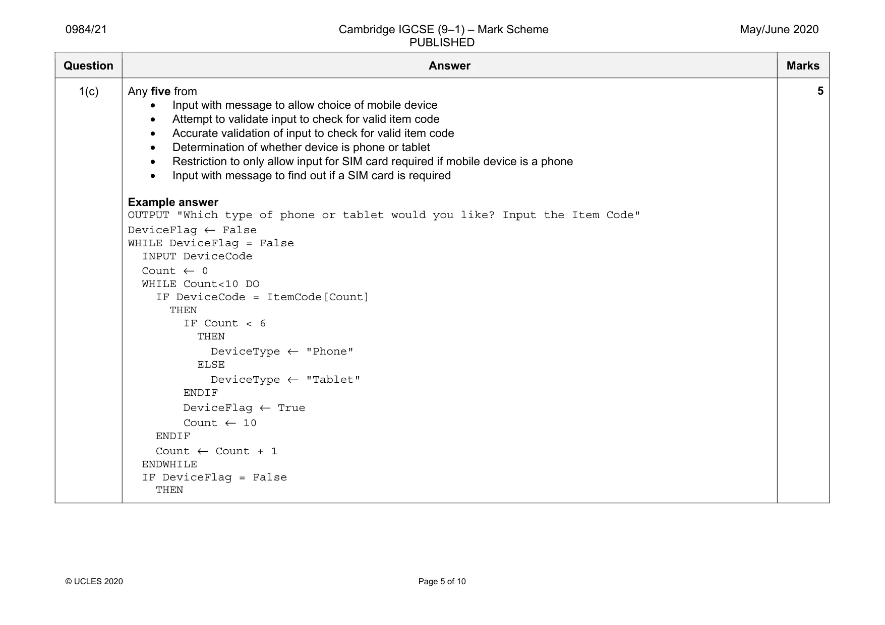 Mark scheme, page 5 of 10