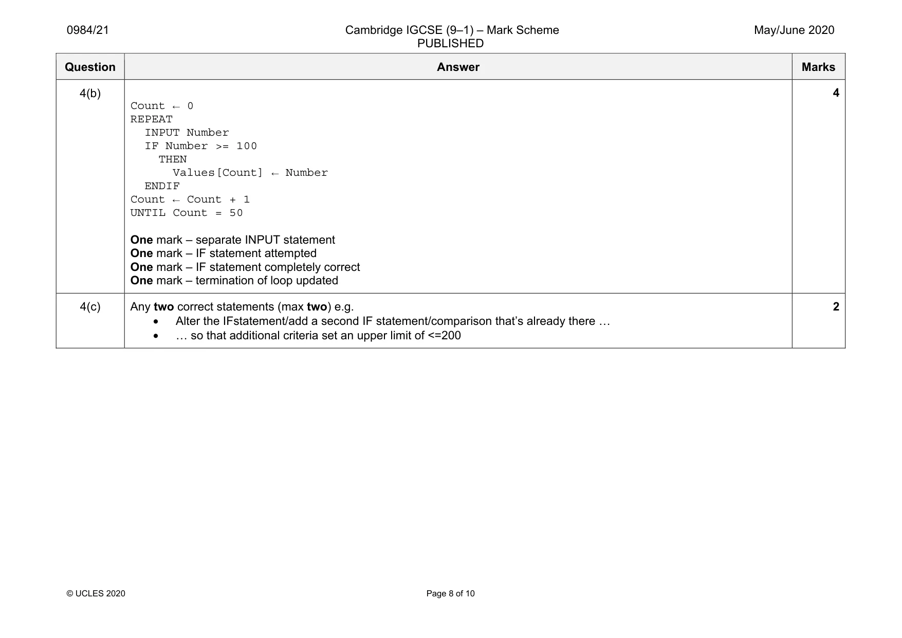 Mark scheme, page 8 of 10