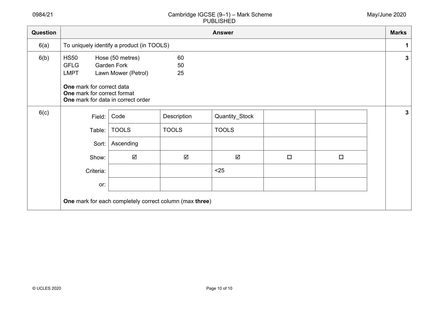 Mark scheme, page 10 of 10