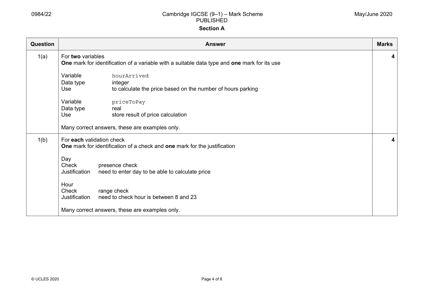 Mark scheme, page 4 of 8