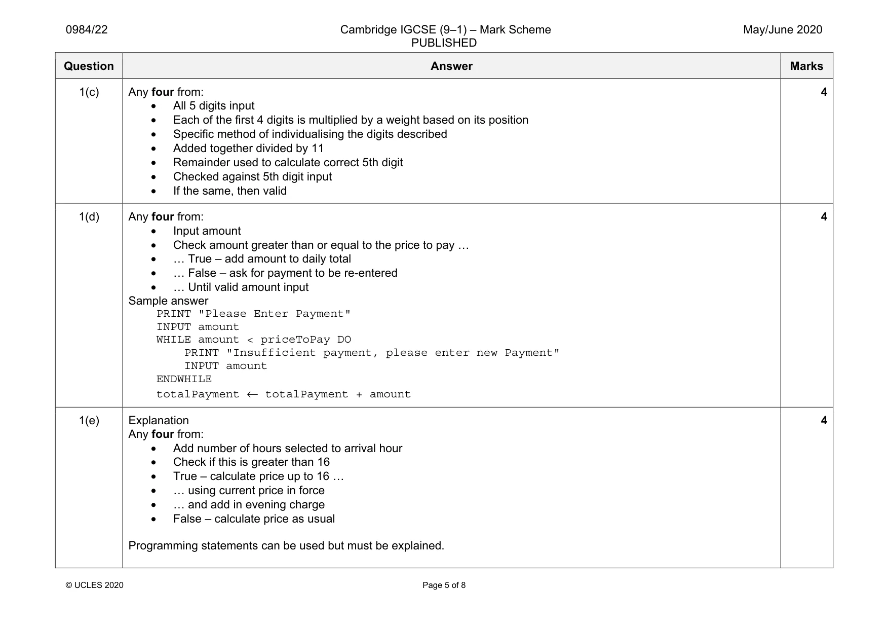 Mark scheme, page 5 of 8