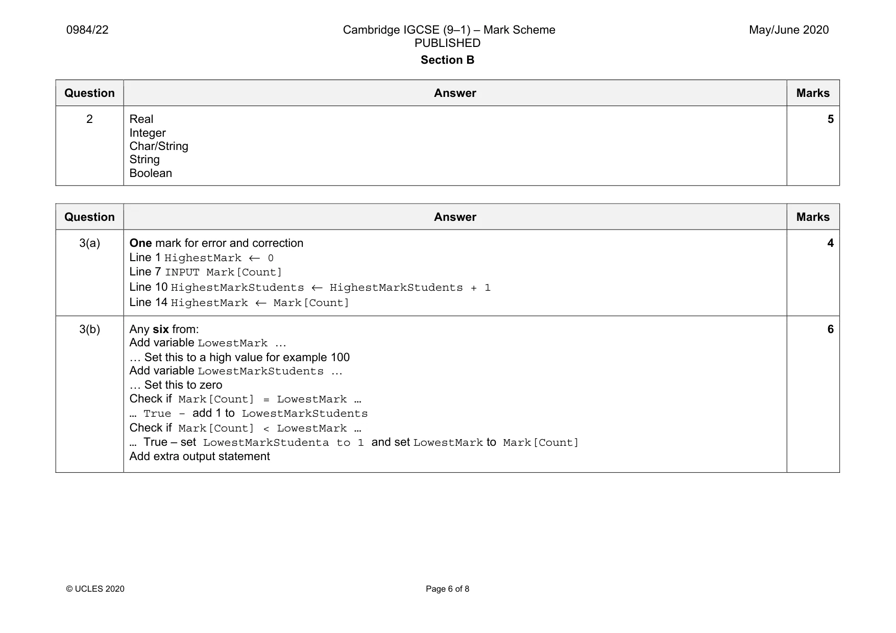 Mark scheme, page 6 of 8