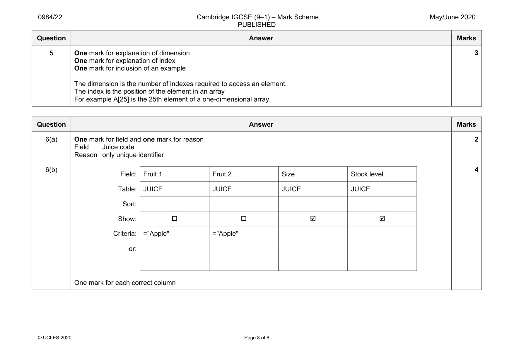 Mark scheme, page 8 of 8