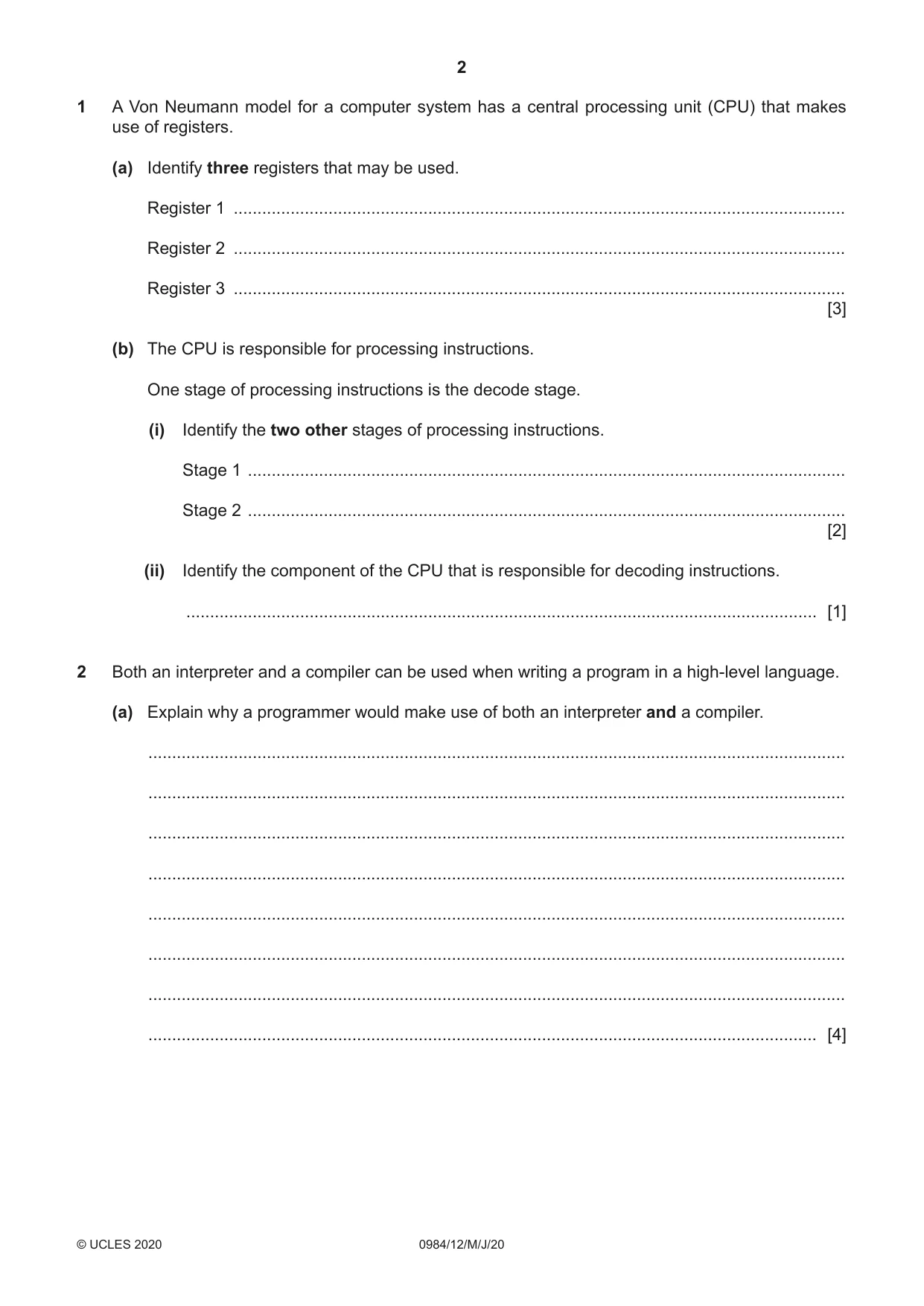 Cambridge IGCSE Computer Science (9-1) 0984 2020 May/June Paper 1 · Variant 2 question paper, page 2 of 12