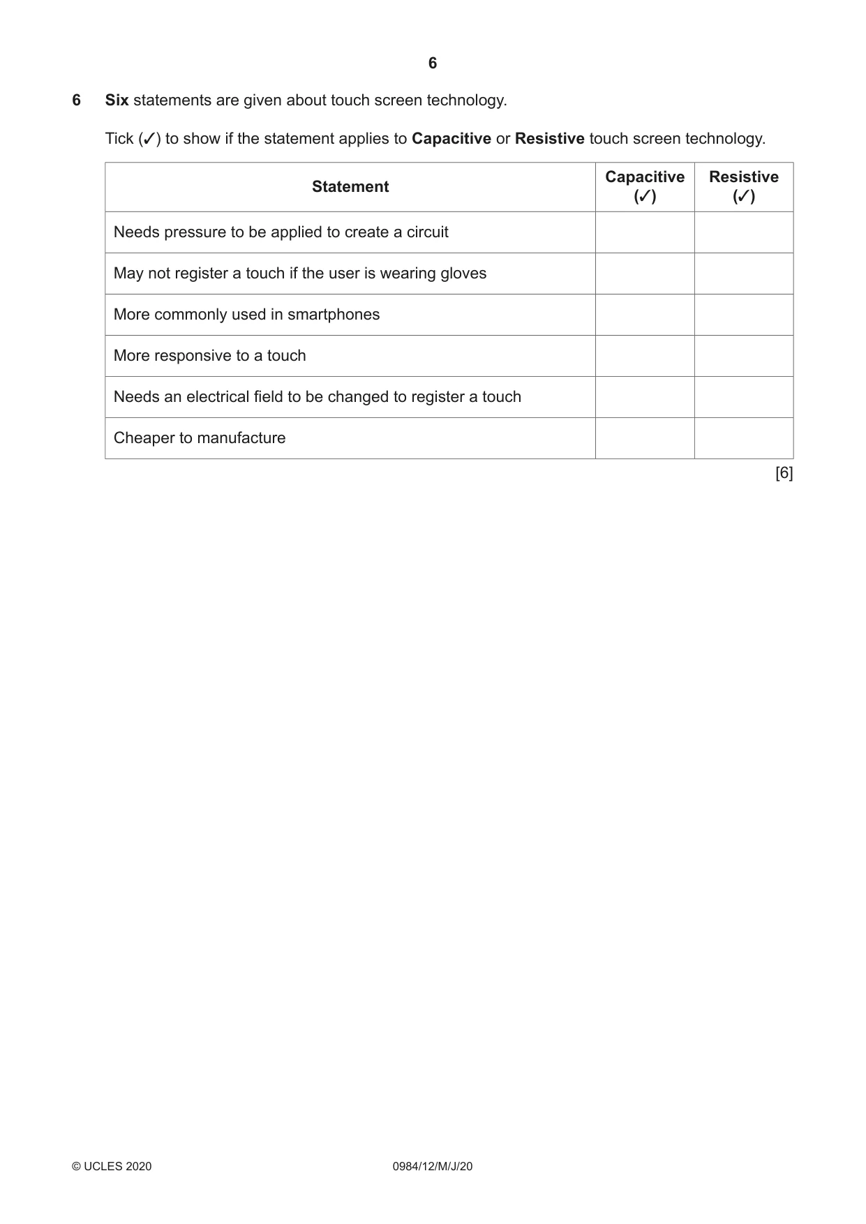 Cambridge IGCSE Computer Science (9-1) 0984 2020 May/June Paper 1 · Variant 2 question paper, page 6 of 12