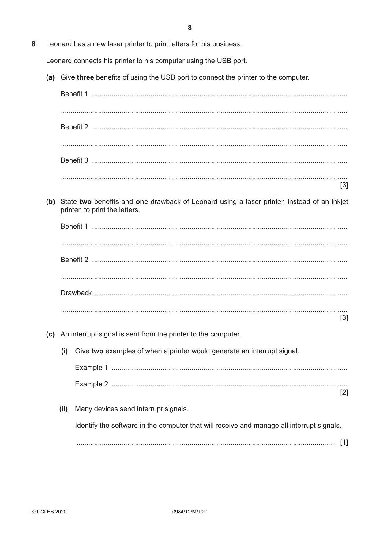 Cambridge IGCSE Computer Science (9-1) 0984 2020 May/June Paper 1 · Variant 2 question paper, page 8 of 12