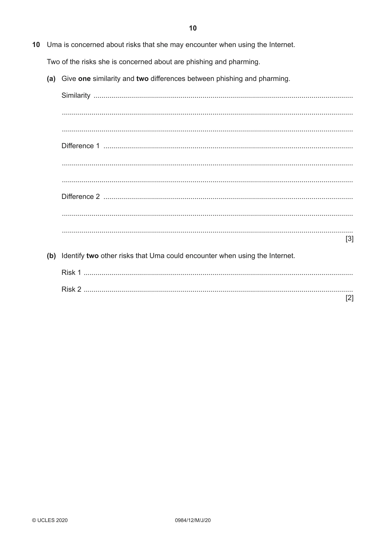 Cambridge IGCSE Computer Science (9-1) 0984 2020 May/June Paper 1 · Variant 2 question paper, page 10 of 12