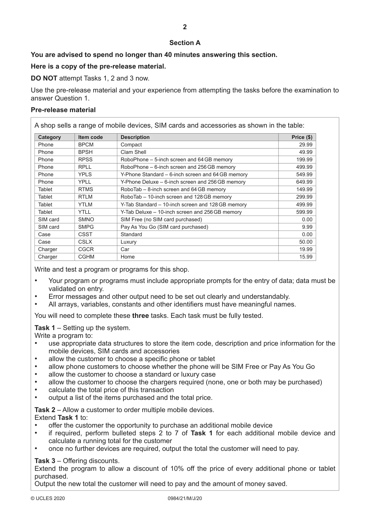 Cambridge IGCSE Computer Science (9-1) 0984 2020 May/June Paper 2 · Variant 1 question paper, page 2 of 16