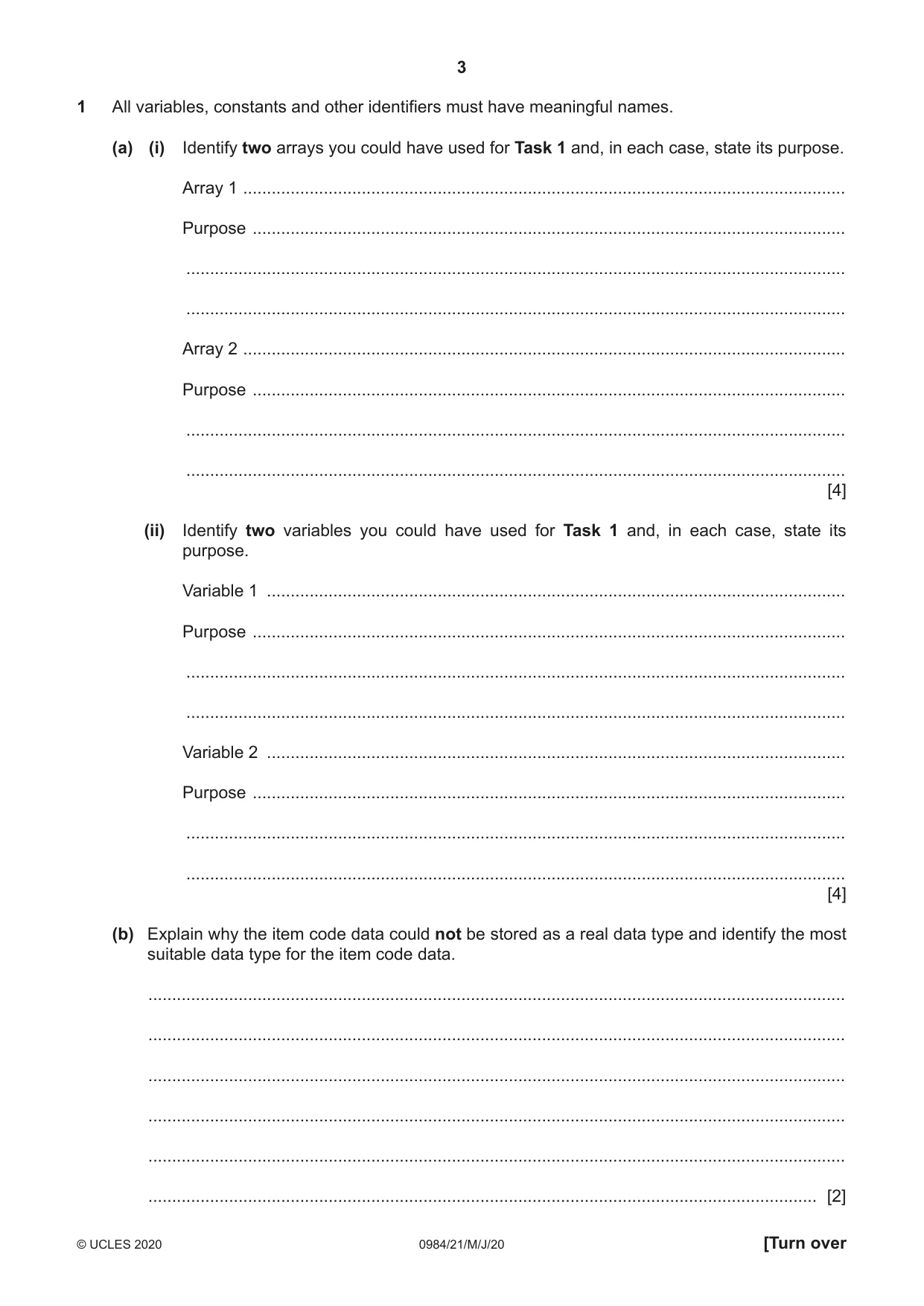 Cambridge IGCSE Computer Science (9-1) 0984 2020 May/June Paper 2 · Variant 1 question paper, page 3 of 16