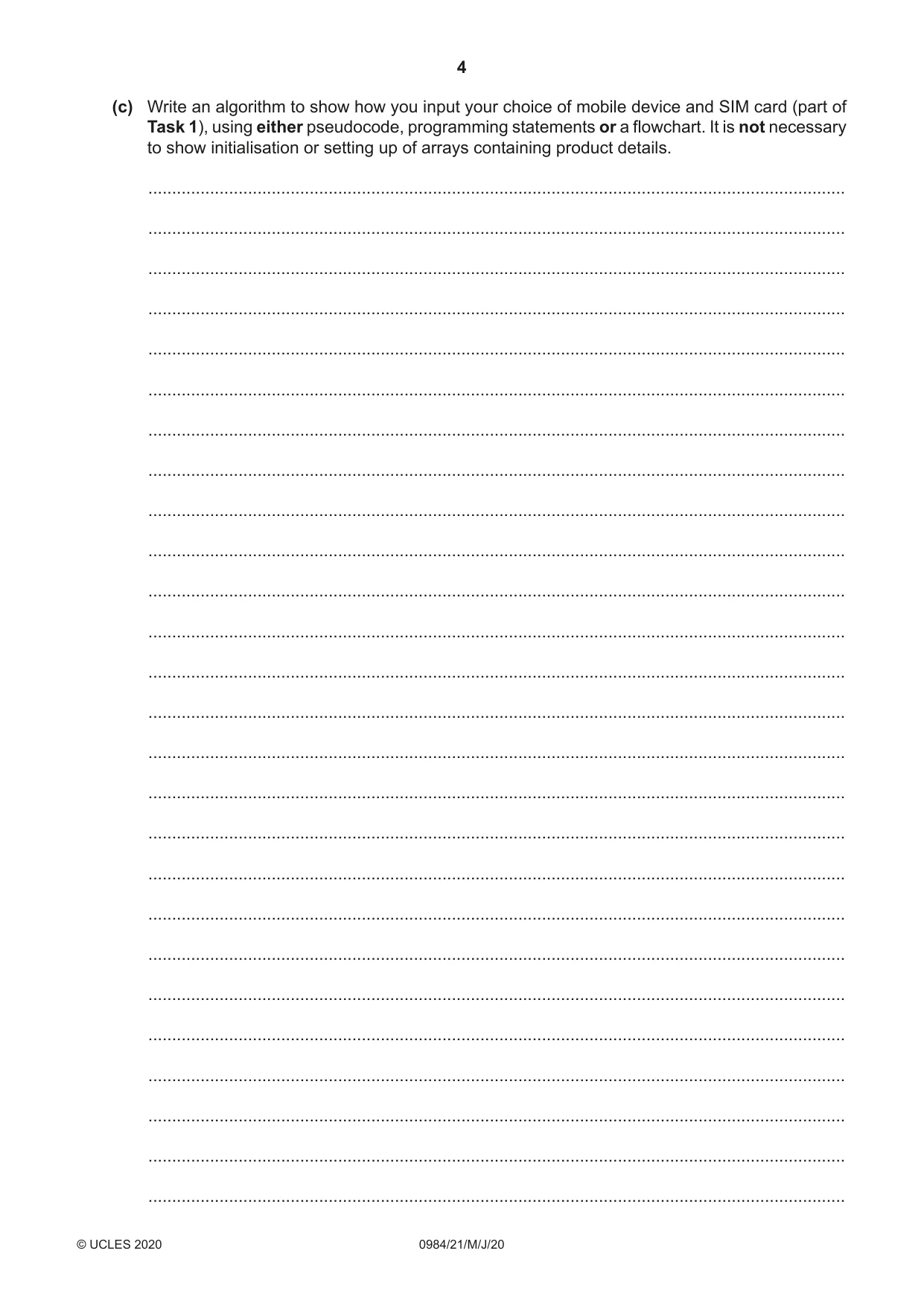 Cambridge IGCSE Computer Science (9-1) 0984 2020 May/June Paper 2 · Variant 1 question paper, page 4 of 16