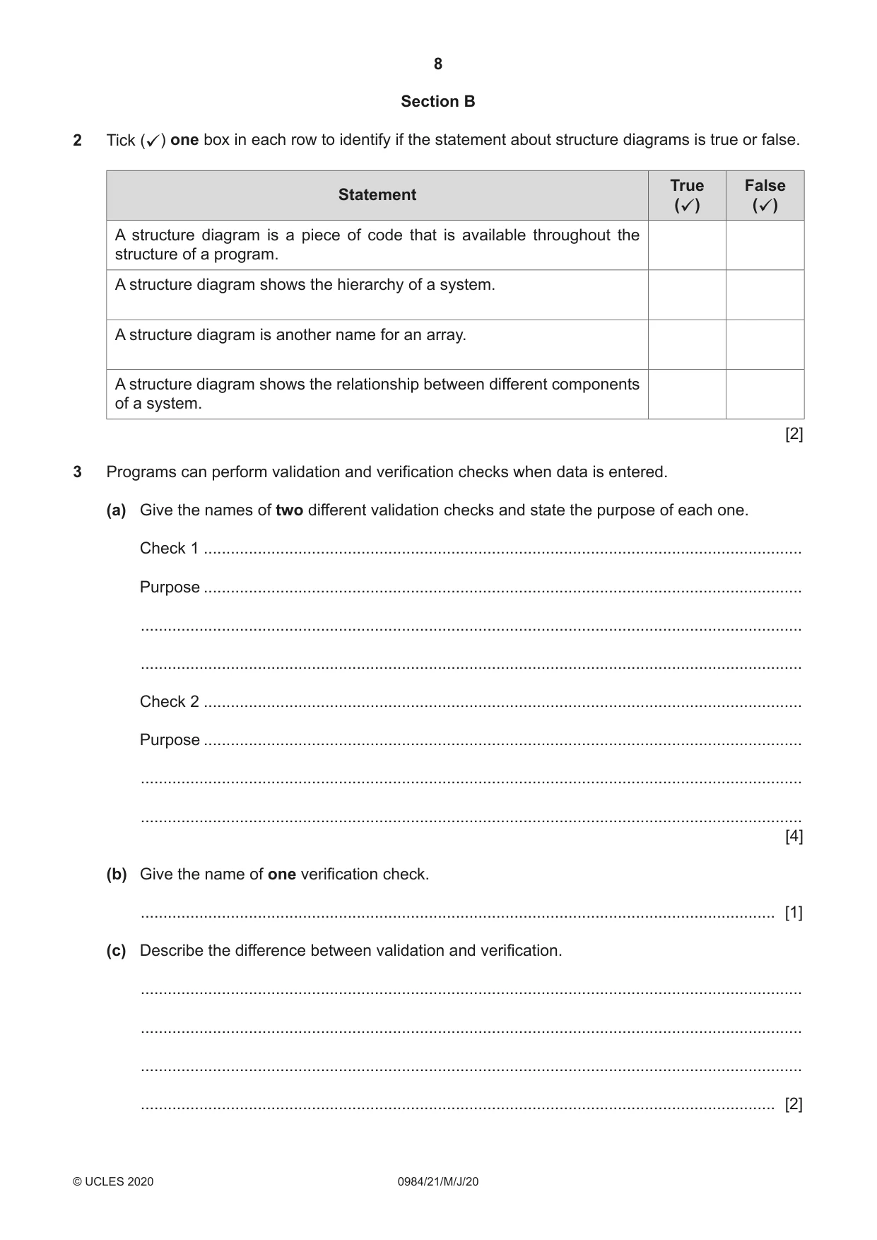 Cambridge IGCSE Computer Science (9-1) 0984 2020 May/June Paper 2 · Variant 1 question paper, page 8 of 16