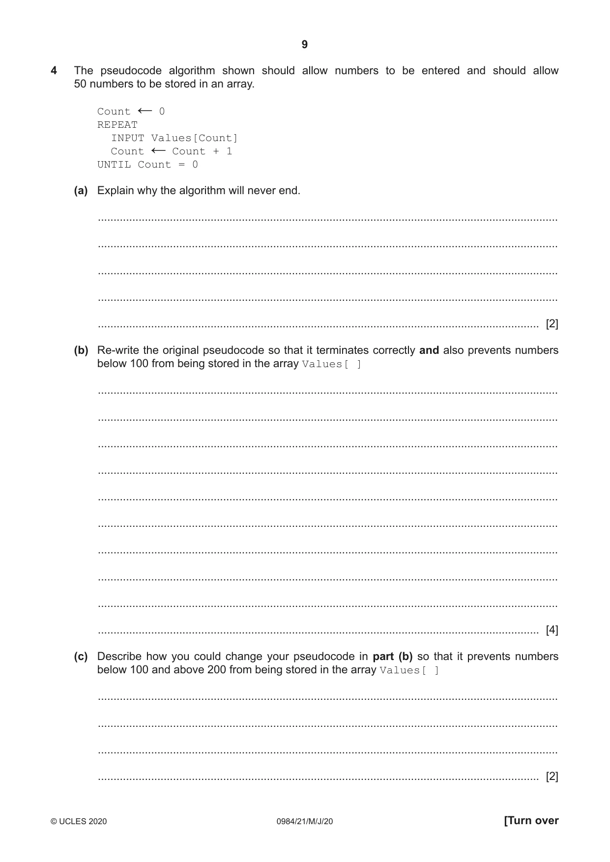 Cambridge IGCSE Computer Science (9-1) 0984 2020 May/June Paper 2 · Variant 1 question paper, page 9 of 16