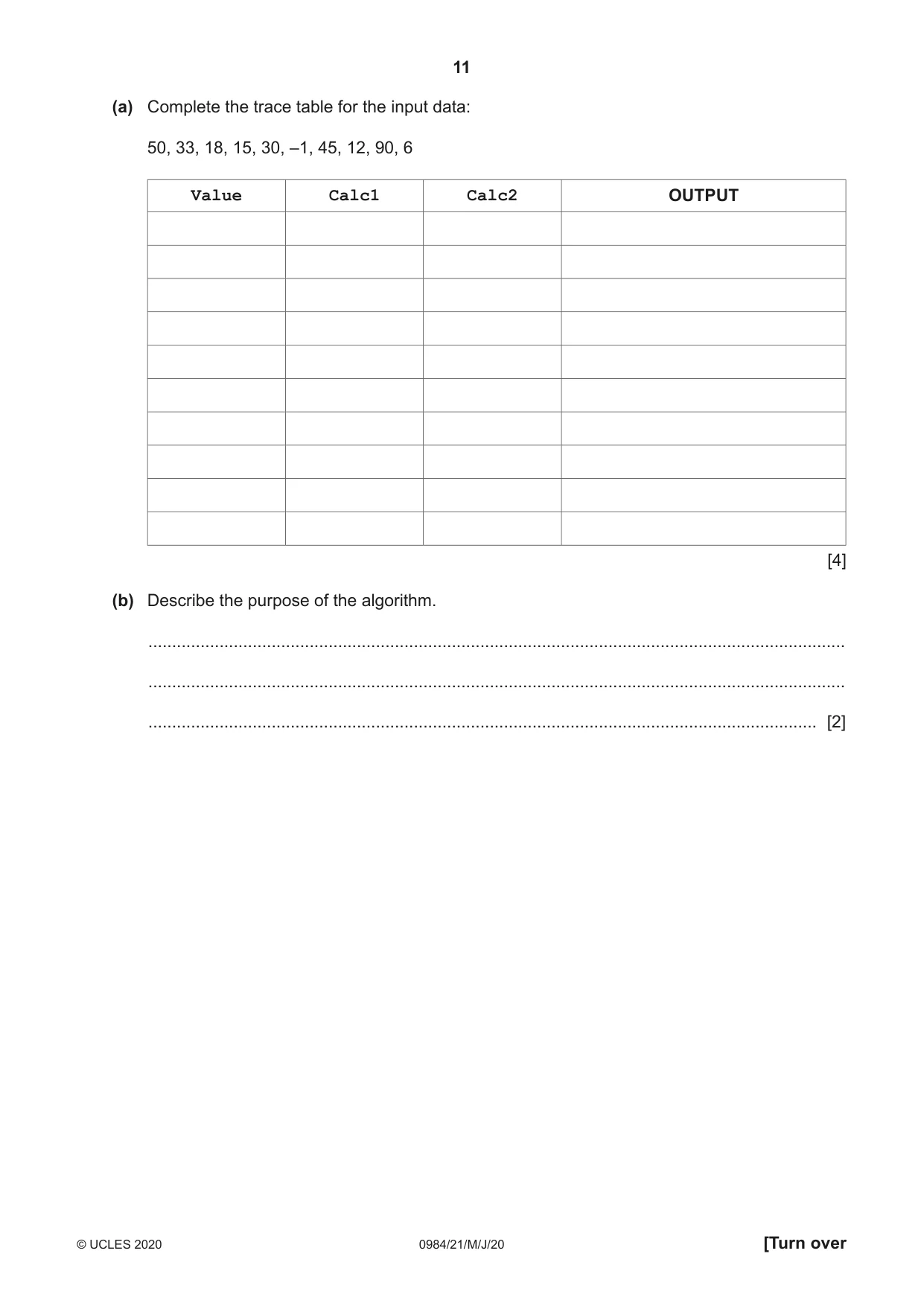 Cambridge IGCSE Computer Science (9-1) 0984 2020 May/June Paper 2 · Variant 1 question paper, page 11 of 16