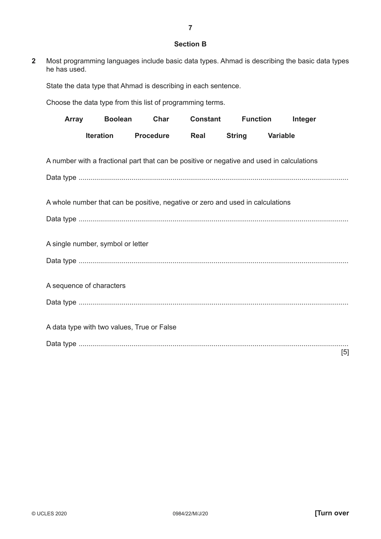 Cambridge IGCSE Computer Science (9-1) 0984 2020 May/June Paper 2 · Variant 2 question paper, page 7 of 16